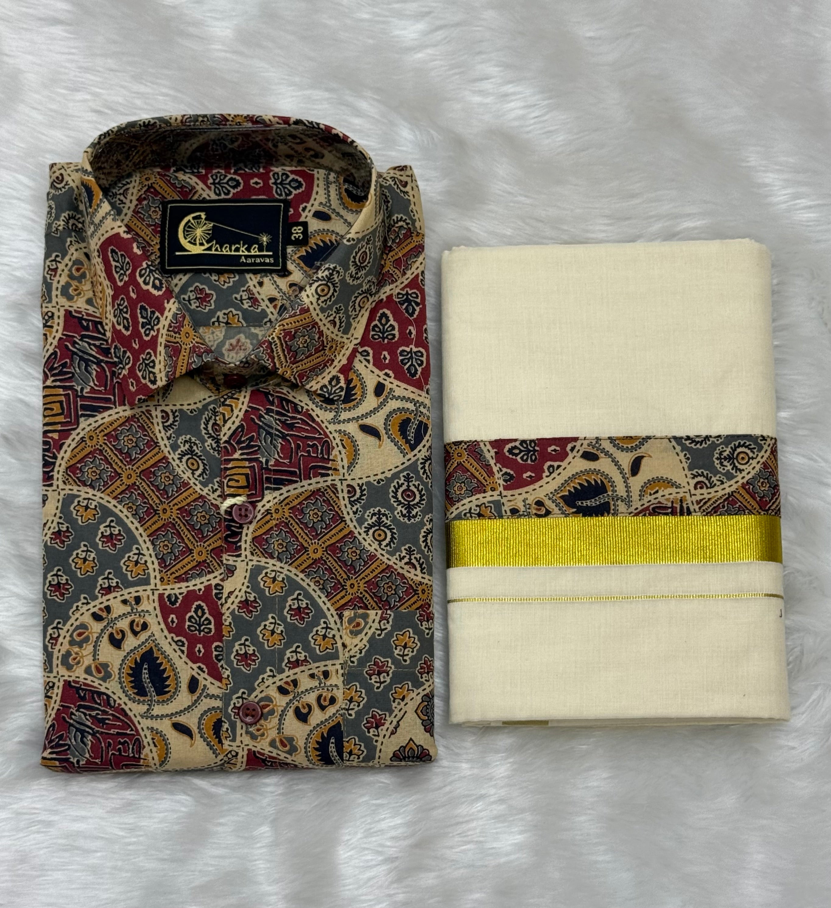AJRAKH PRINTED HALF SLEEVE SHIRT & MUNDU COMBO