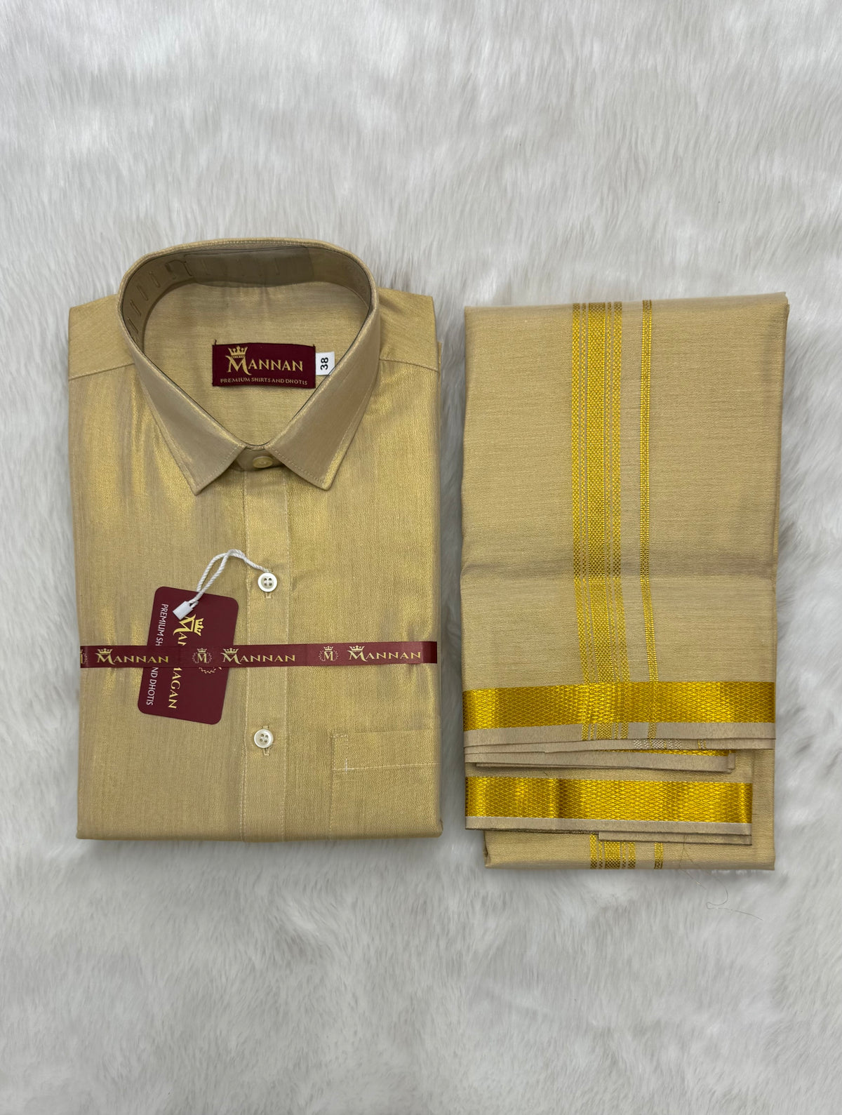 MEN'S PREMIUM FULL JARI TISSUE GOLD SINGLE DHOTI & SHIRT SET - CREAM