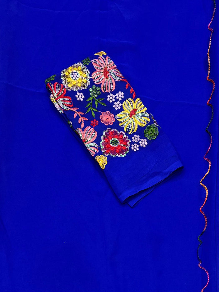 GEORGETTE WITH DESIGNER EMBROIDERY BLOUSE - ROYAL BLUE