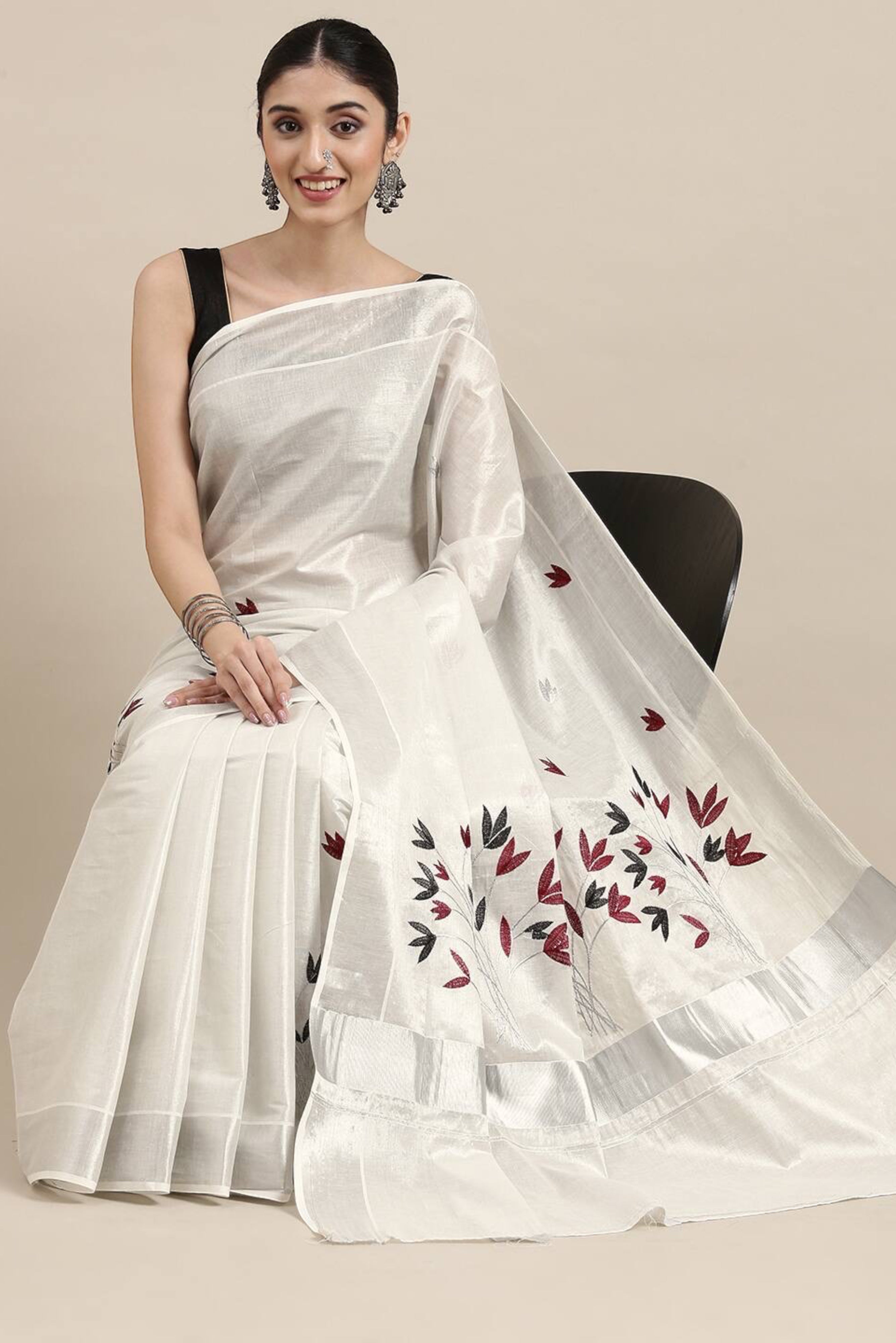 KERALA SILK TISSUE SAREE WITH SILVER ZARI BORDER