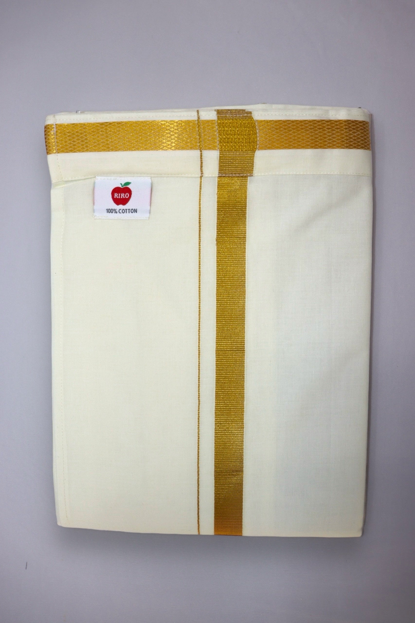 MEN'S SINGLE DHOTI CREAM COLOUR WITH GOLD ZARI BORDER 1''- VELCRO