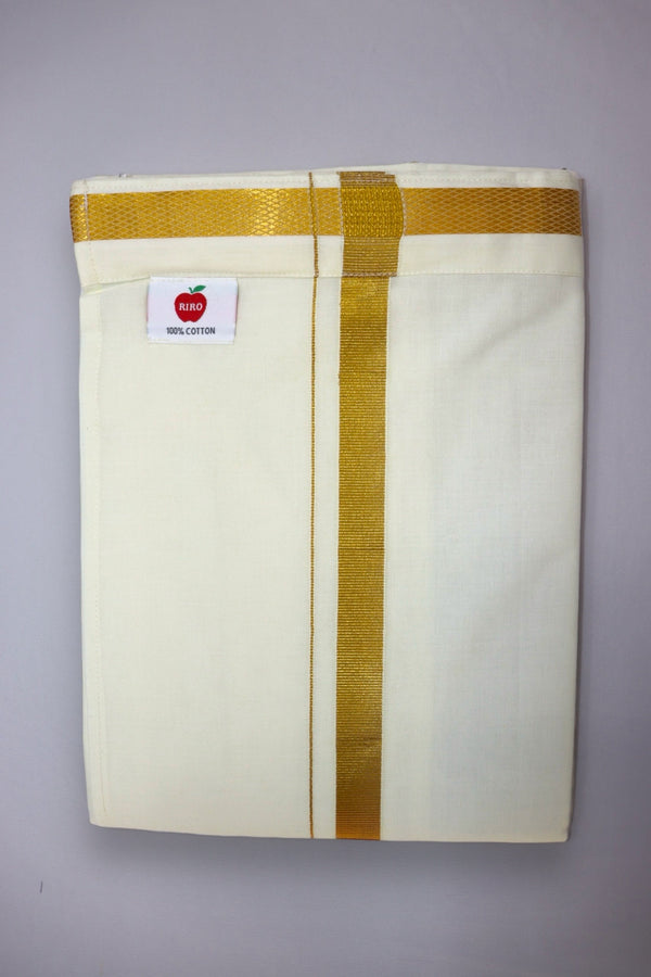 MEN'S SINGLE DHOTI CREAM COLOUR WITH GOLD ZARI BORDER 1''- VELCRO