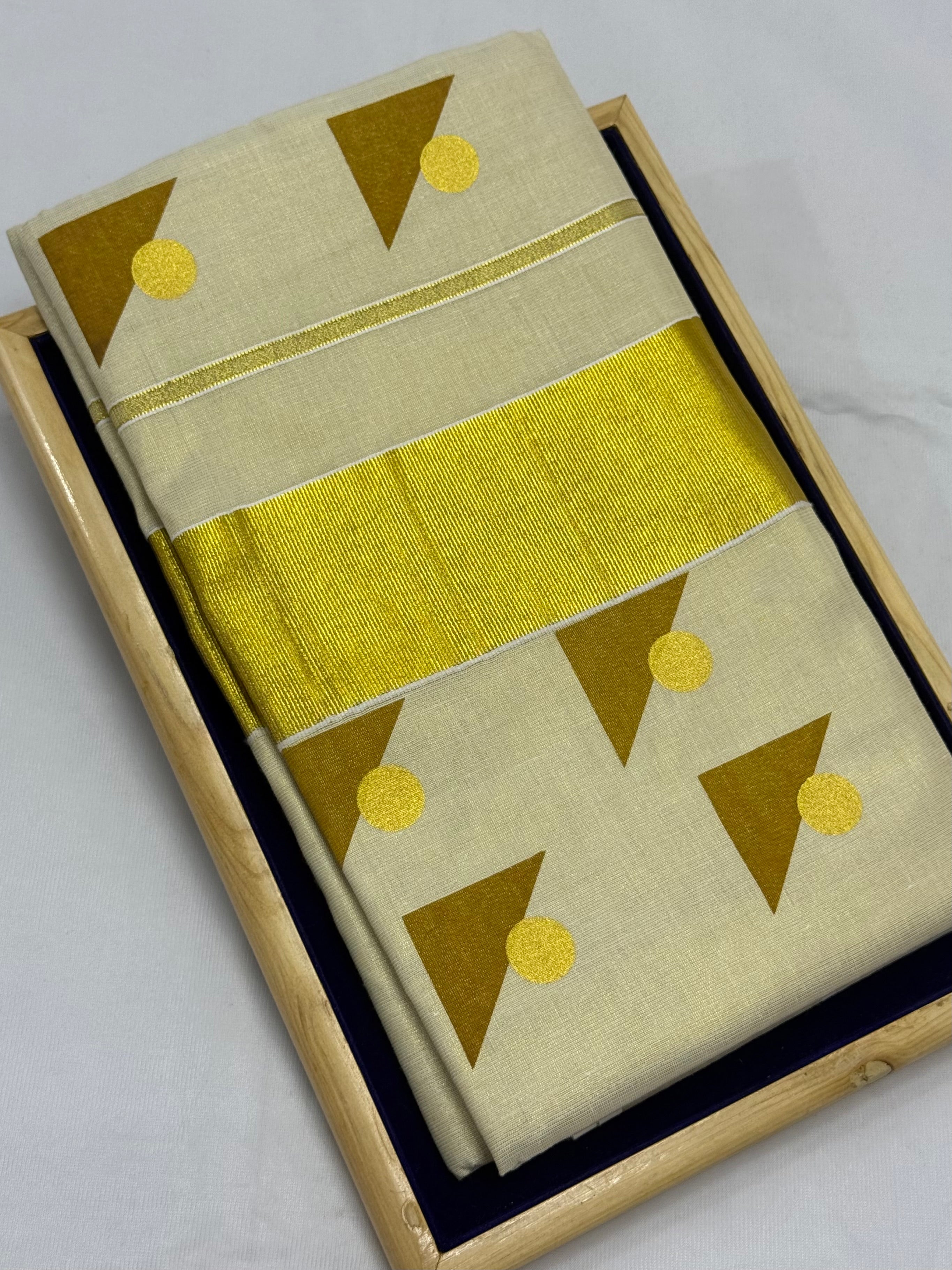 BLOCK  PRINTED KASAVU TISSUE SAREE - (GOLD,CREAM)