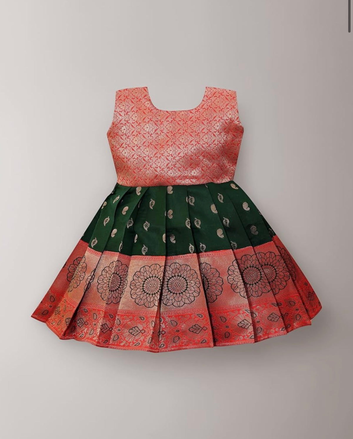 TRADITIONAL PATTU PAVADAI TAPETA SILK FROCK DRESS - RED & GREEN