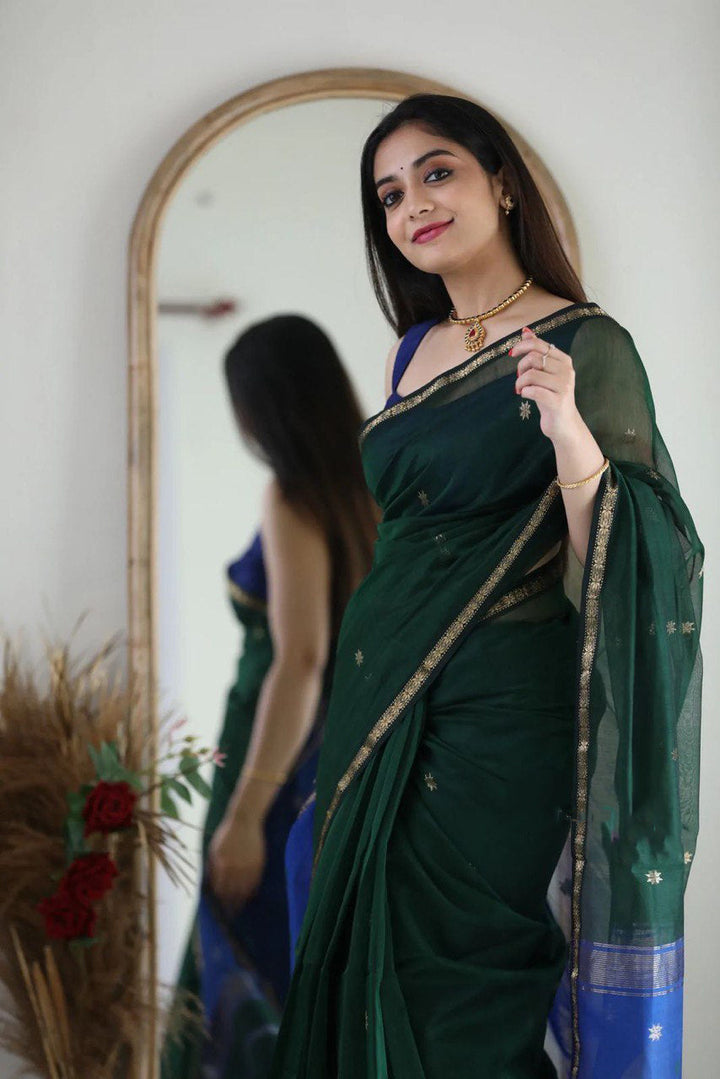 MAHESHWARI COTTON SILK SAREE - HUNTER GREENN