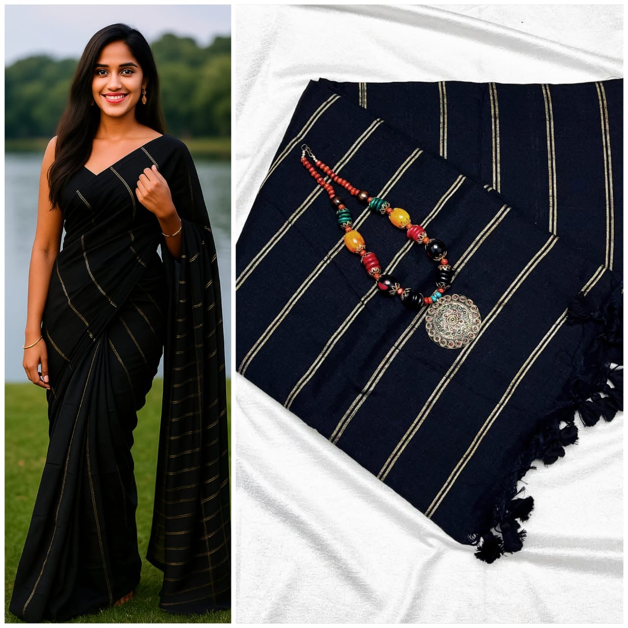 PREMIUM DUAL STRIPE KHADI COTTON SAREES - BLACK