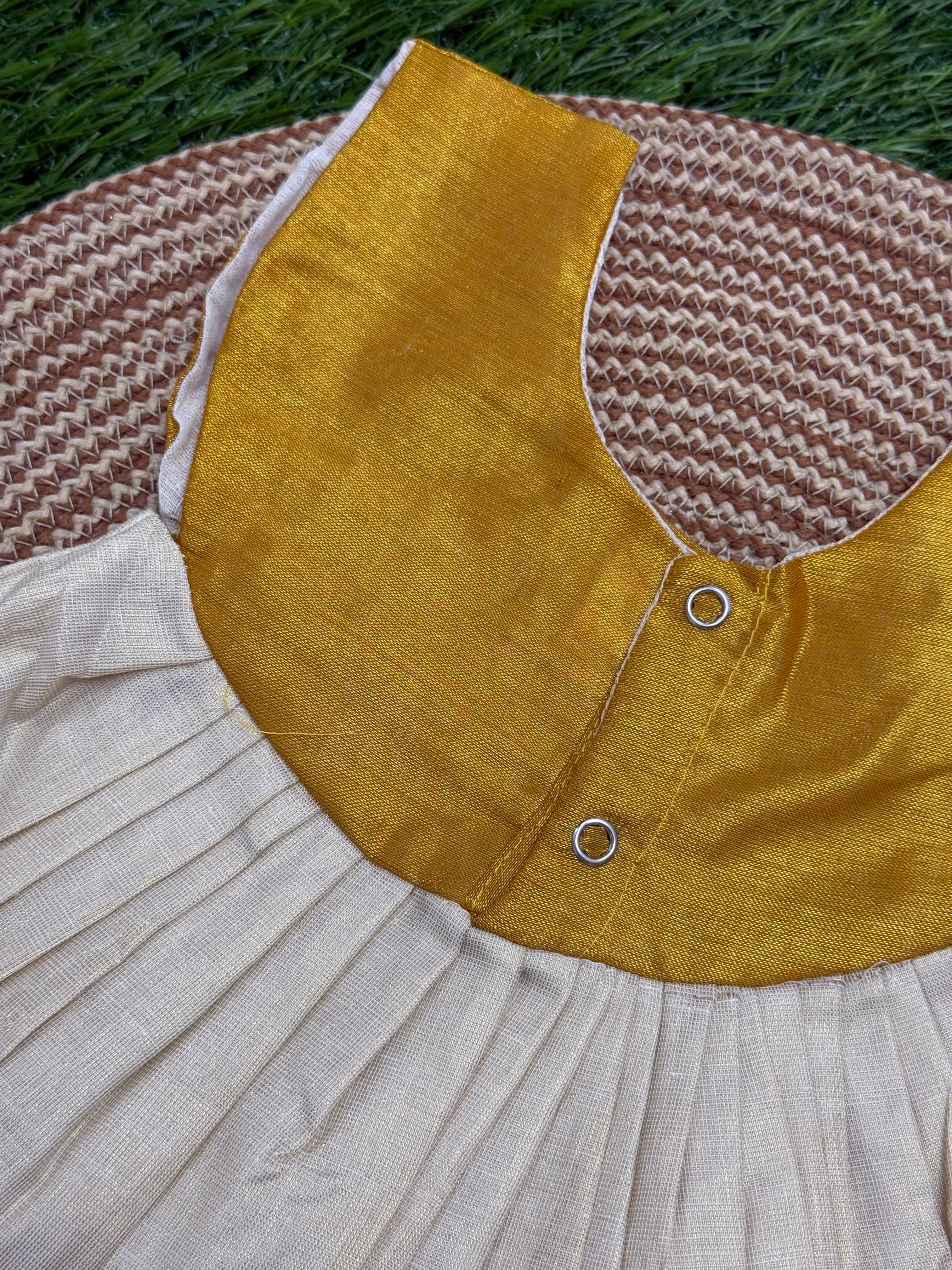 GIRL BABY KASAVU TISSUE FROCK - GOLD & CREAM