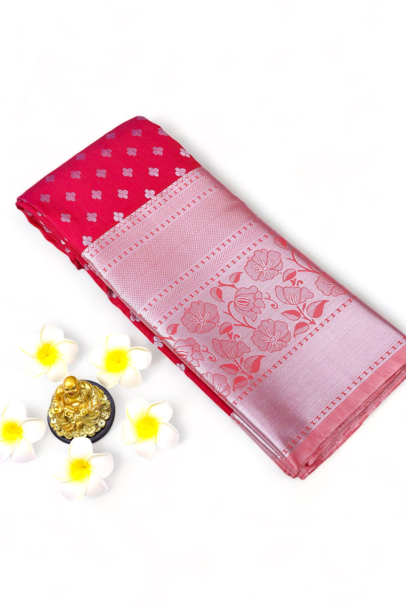 RUBY PINK ART SILK SAREE WITH SILVER ZARI WIDE BORDER