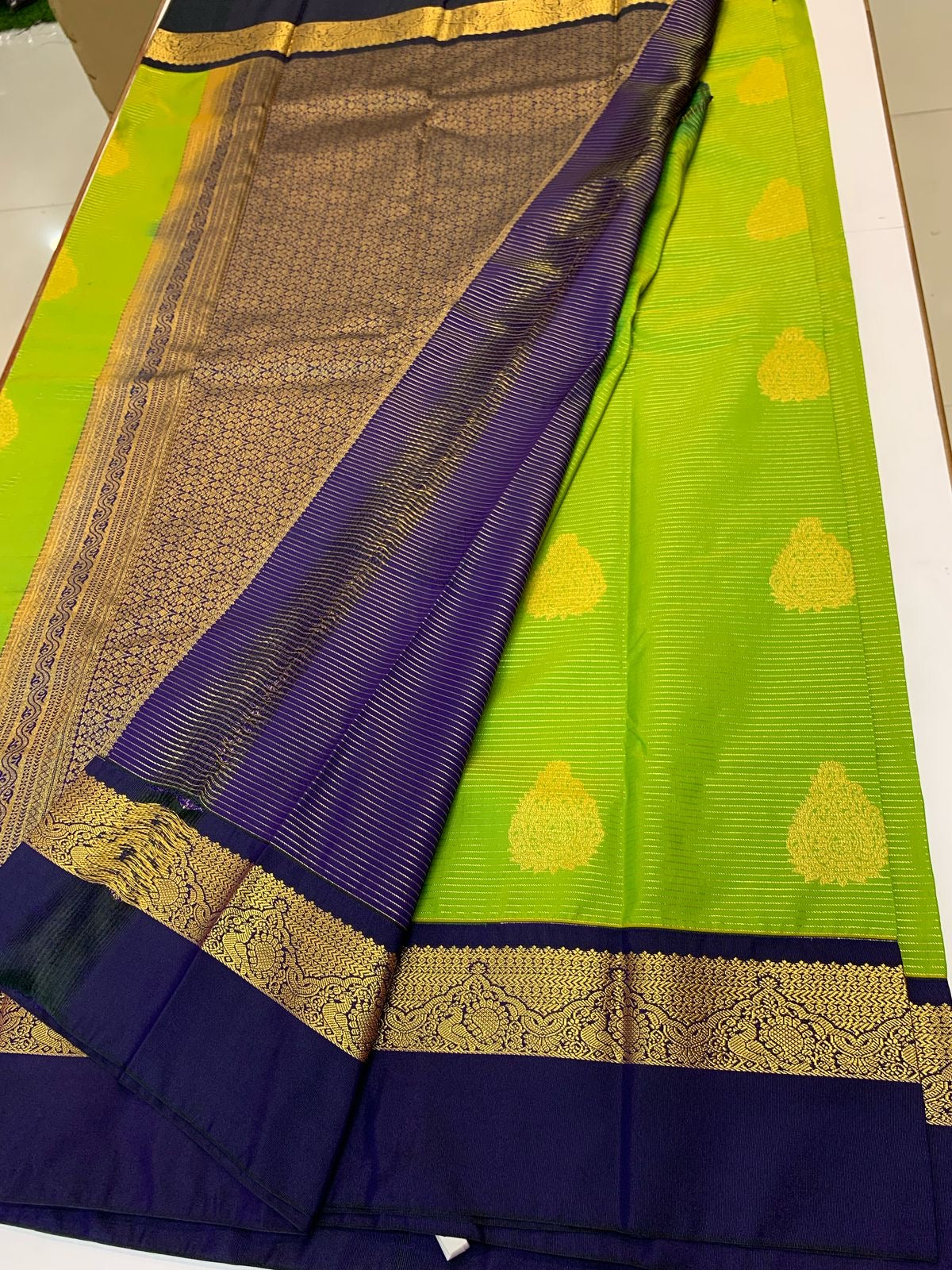 SEMI KANCHI SILK SAREE - LIME GREEN & NAVY BLUE