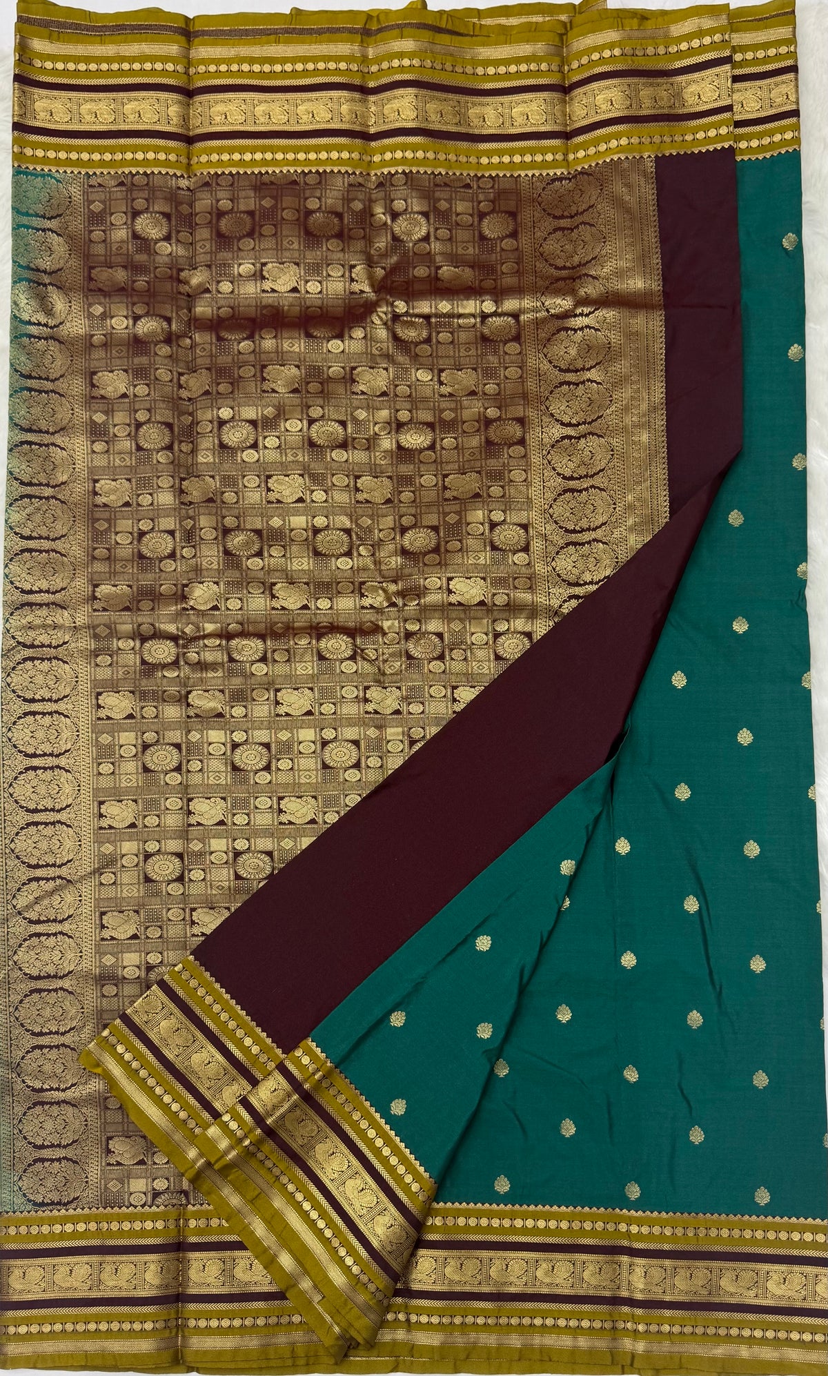 PREMIUM SEMI KANCHI SILK SAREE - PEACOCK GREEN
