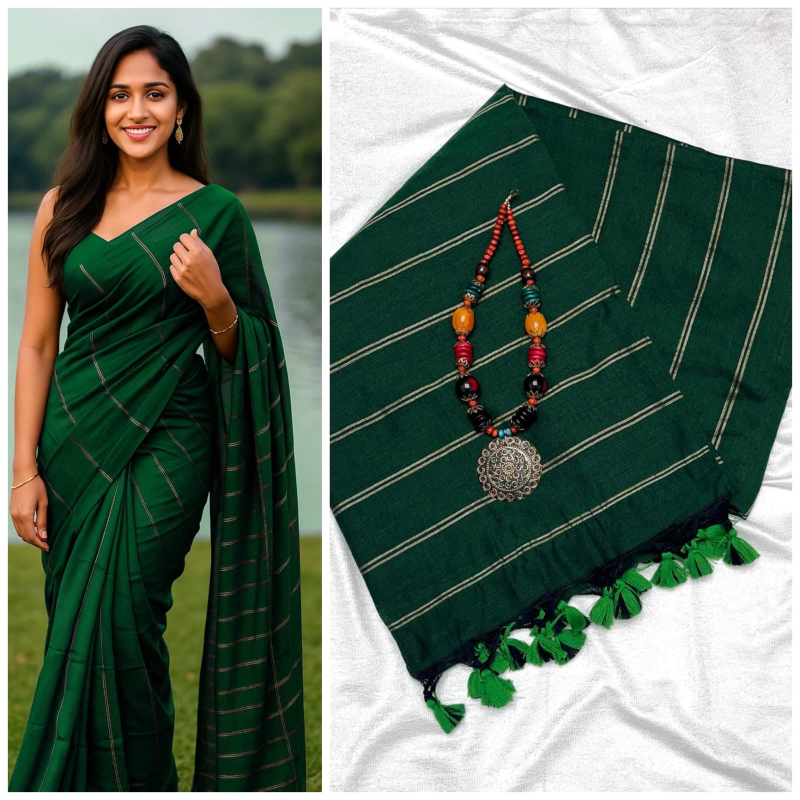 PREMIUM DUAL STRIPE KHADI COTTON SAREES - GREEN