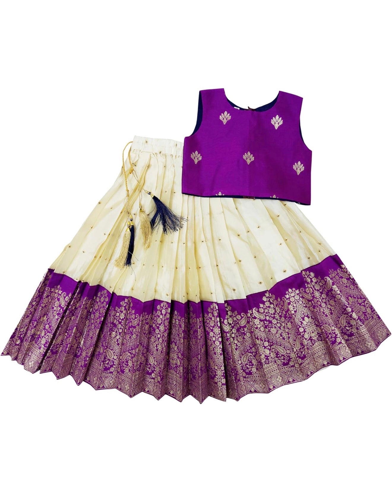 GIRLS READYMADE LEHENGA CHOLI SET - PURPLE & CREAM