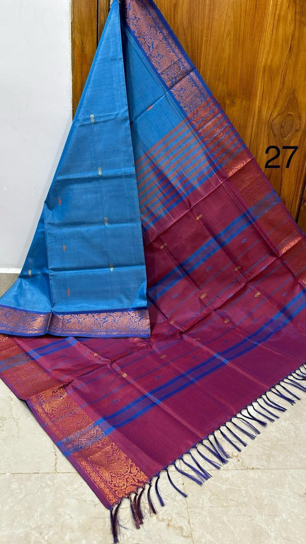 HANDLOOM BANANA PITH SILK SAREE - DARK PINK & BLUE