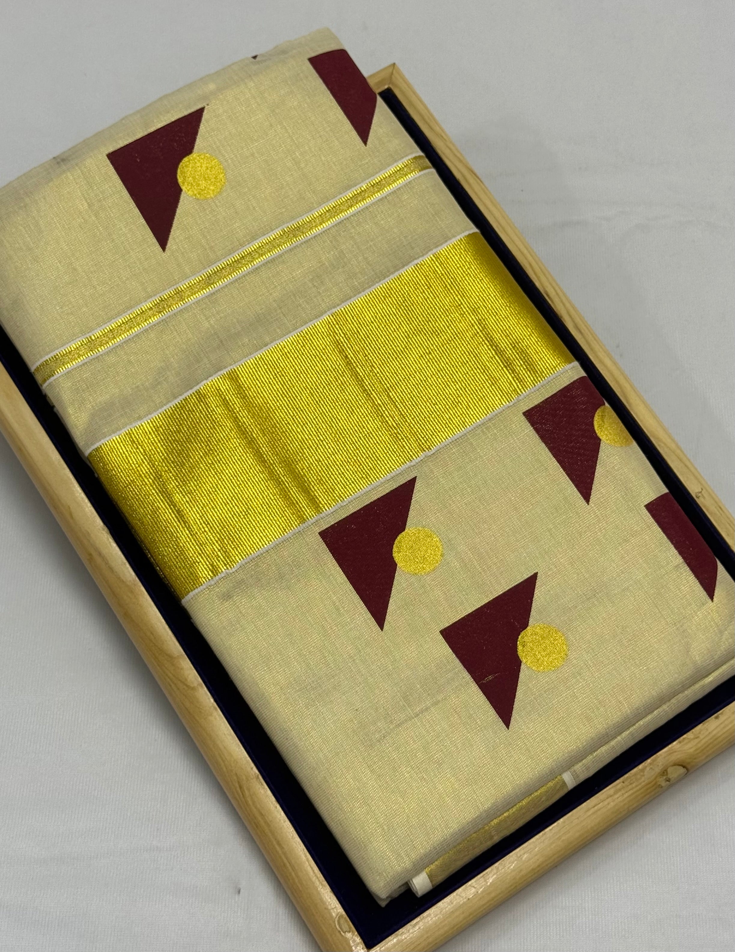 BLOCK  PRINTED KASAVU TISSUE SAREE - (GOLD,CREAM)