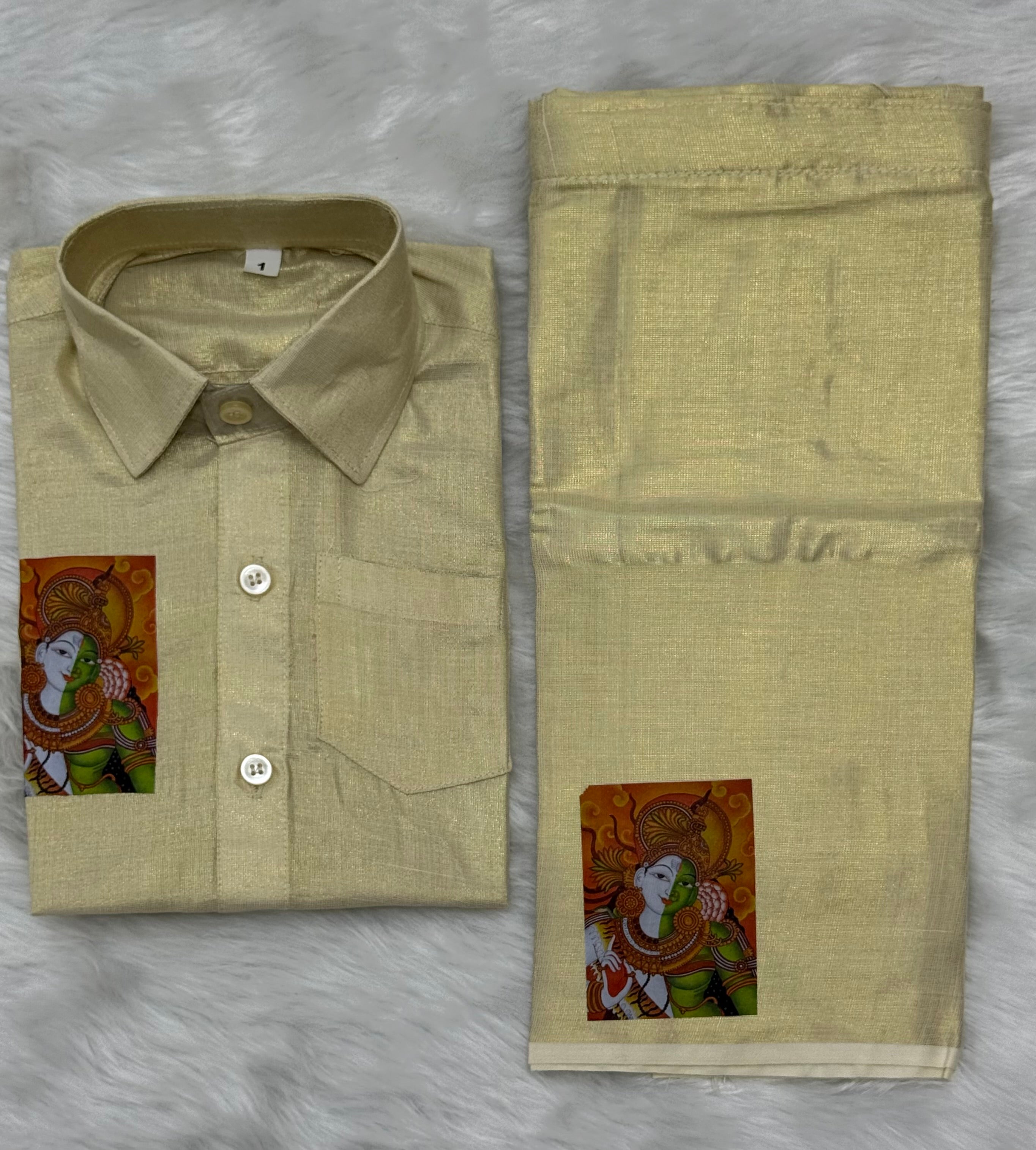 KIDS CULTURAL PRINTED VELCRO DHOTI & SHIRT COMBO SET - GOLD