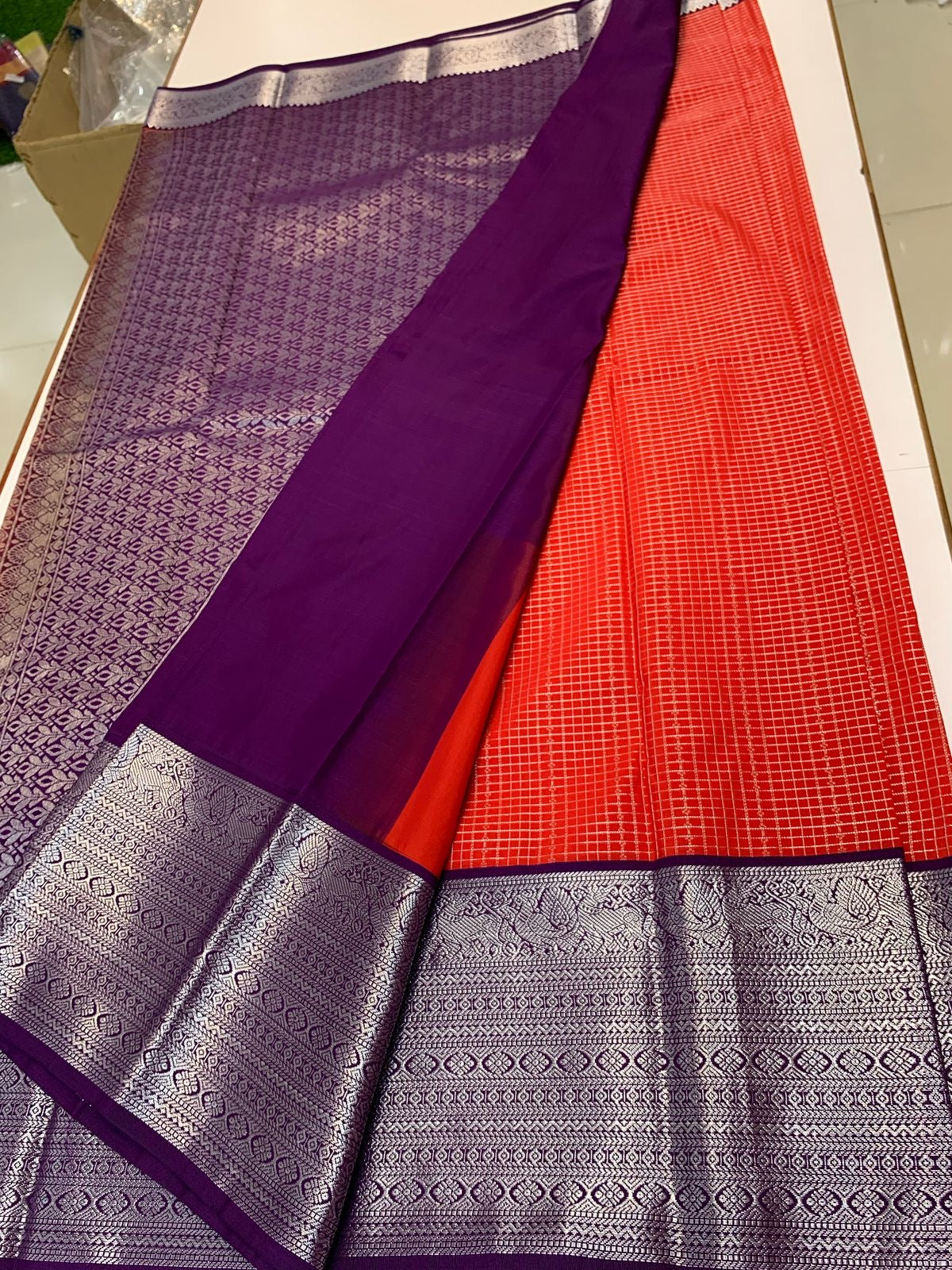 SEMI KANCHI SILK SAREE - RED & PURPLE