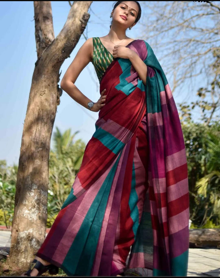 HANDLOOM COTTON SILK MULTI STRIPED SAREE