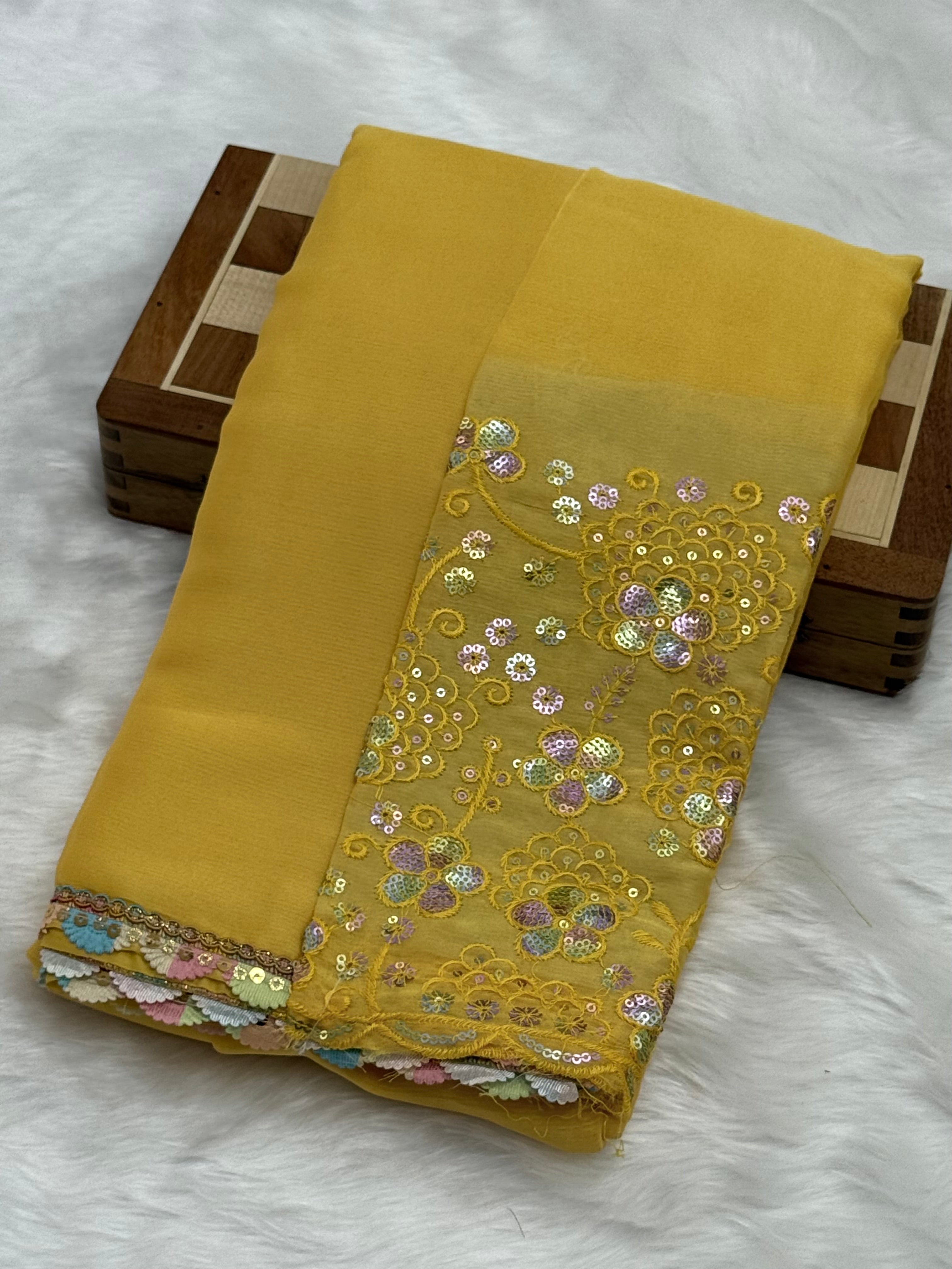 FANCY LACE BORDER CHIFFON SAREE - YELLOW