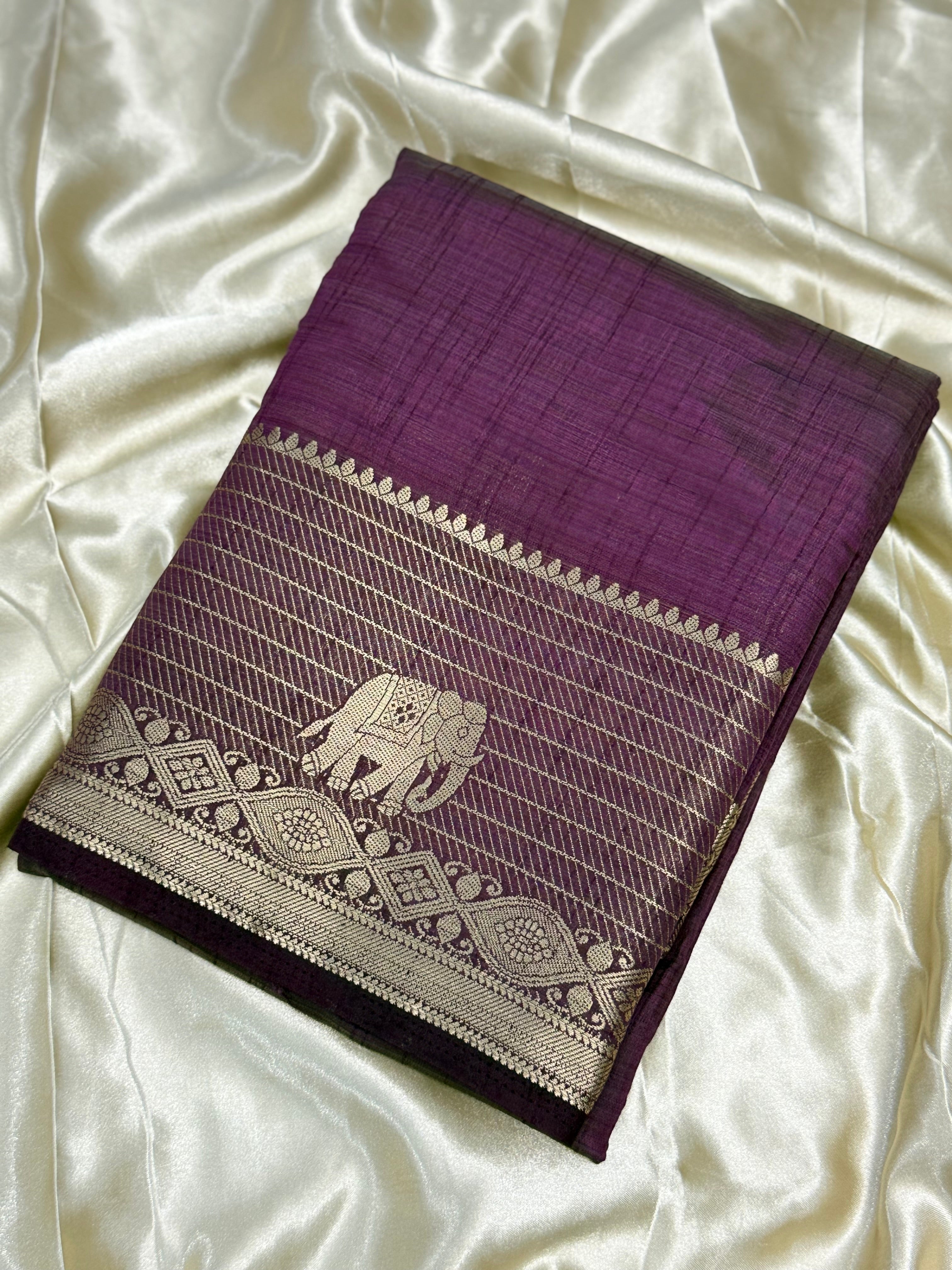 RAW SILK SAREE WITH BENTEX KALAMKARI BORDER - SANGRIA