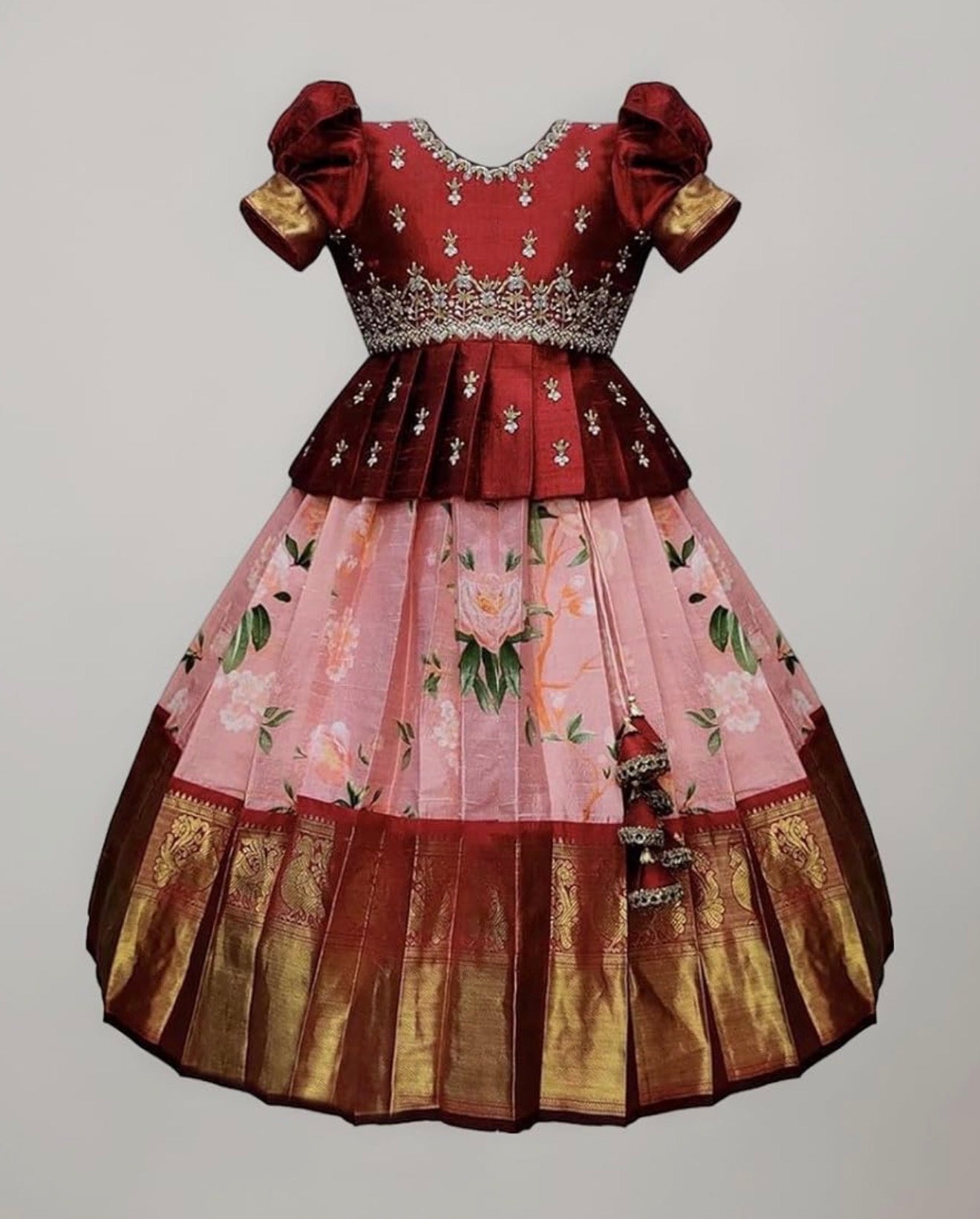 GIRLS SILK BLEND READYMADE PATTU PAVADAI/LEHENGA CHOLI - MAROON & ROSE PINK