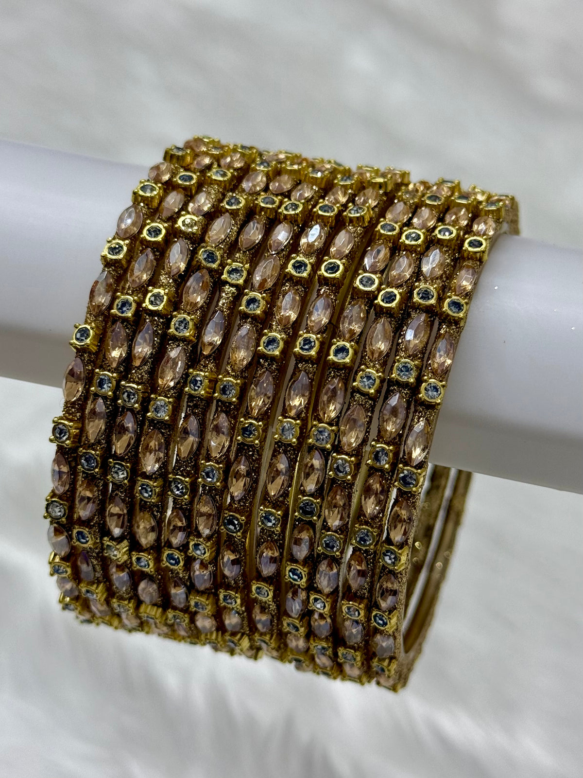 ROSE GOLD CRYSTAL STONE STUDDED GLASS BANGLES PACK OF 12