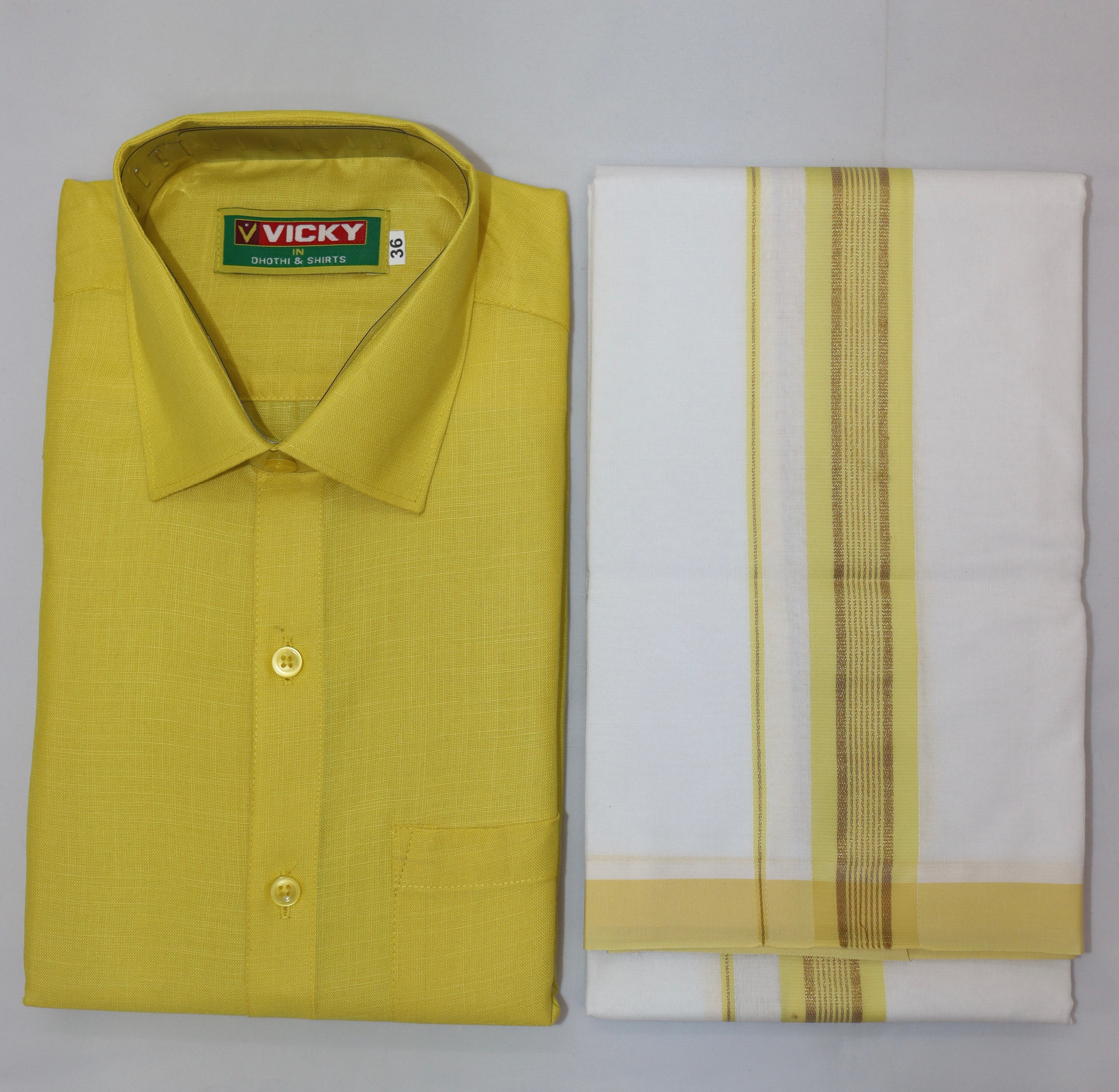MEN'S MATCHING FANCY BORDER SINGLE DHOTI & SHIRT SET - YELLOW