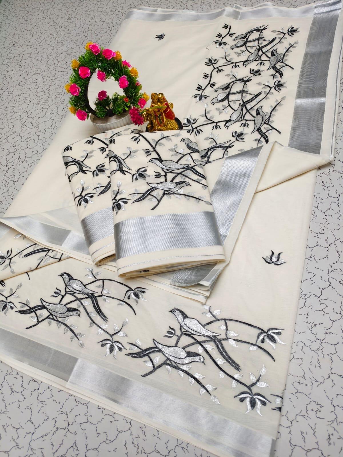 EMBROIDERED KERALA KASAVU COTTON SAREE(SILVER)