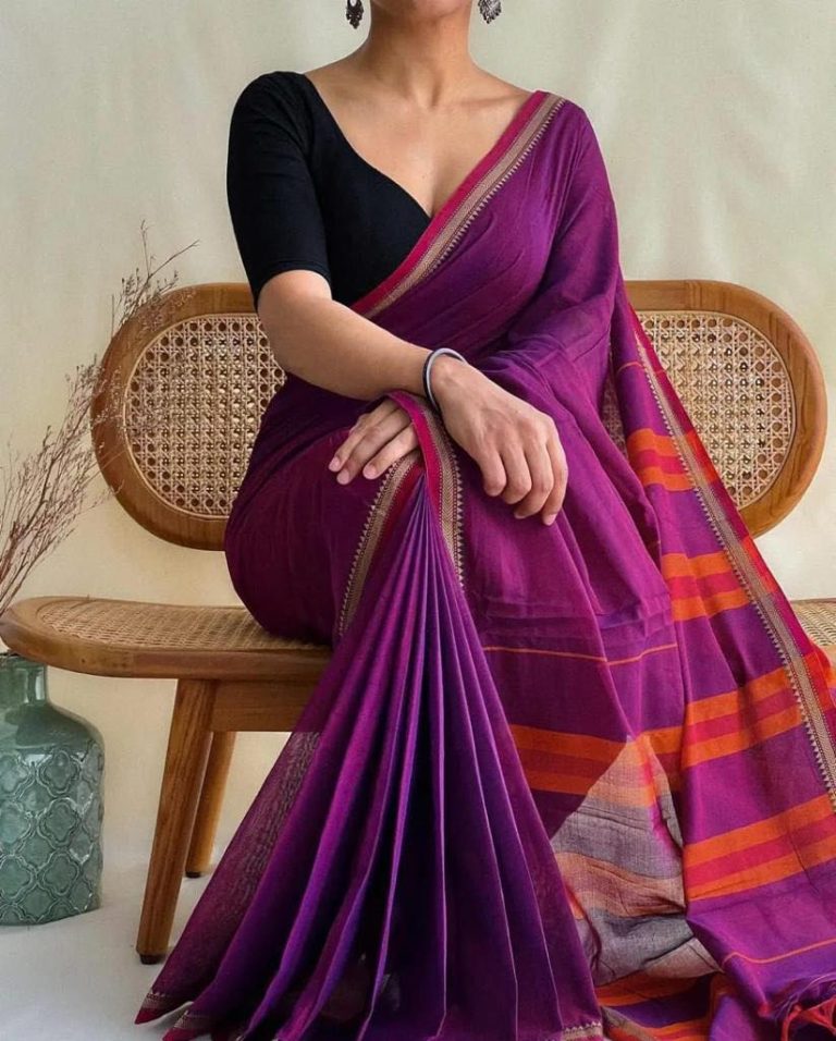 TRNDING SMALL BORDER KHADI COTTON SAREE - VIOLET