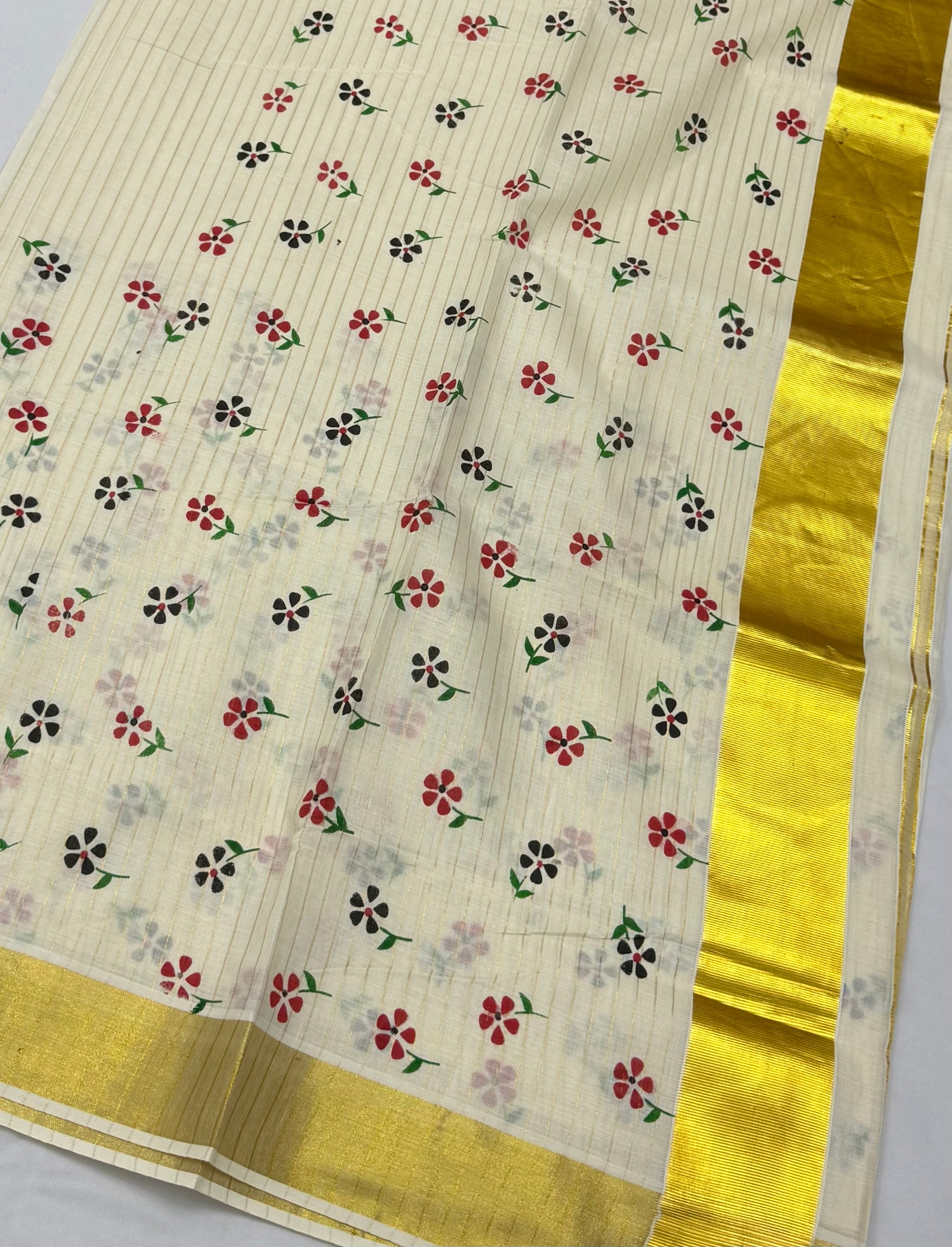 TRADITIONAL PRINTED KASAVU COTTON SAREE (OFF WHITE,GOLD)