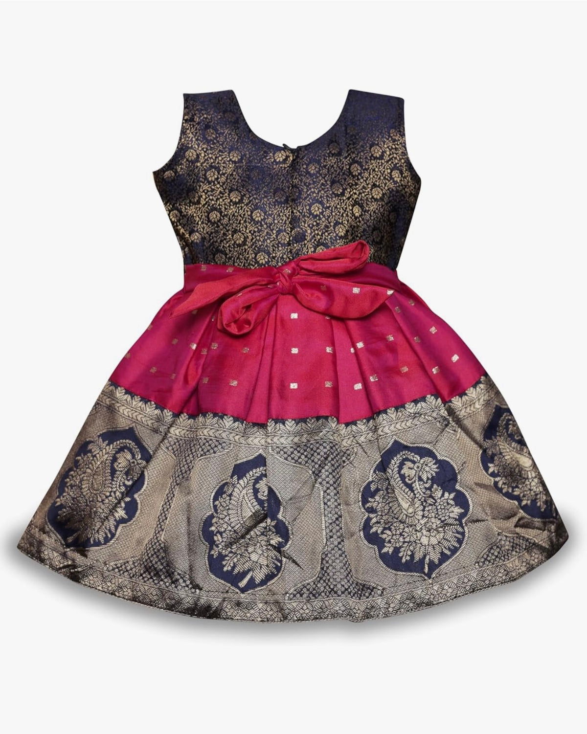 TRADITIONAL PATTU PAVADAI JACQUARD FROCK DRESS FOR BABY GIRL - PINK & BLUE
