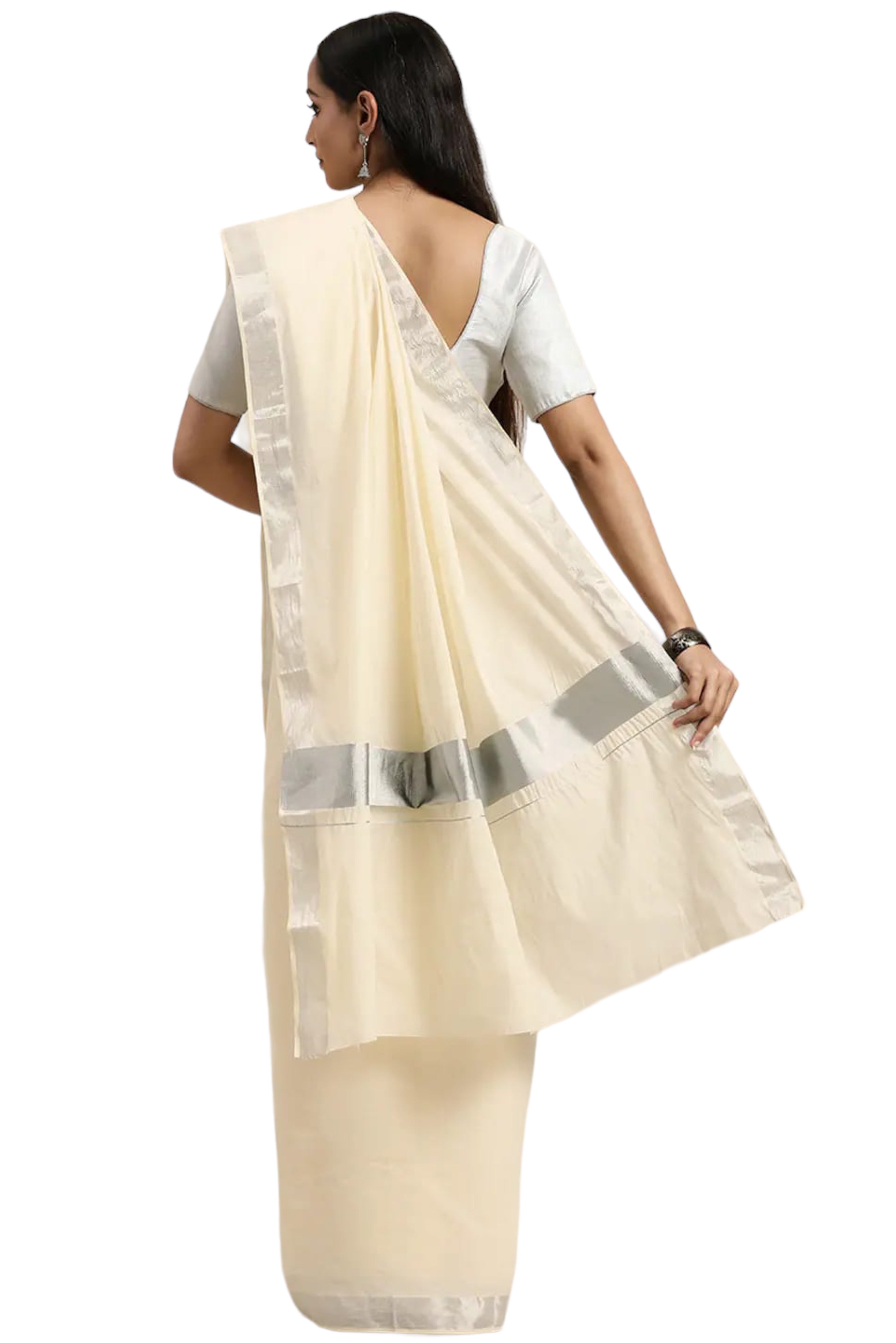 KASAVU COTTON OFF WHITE SAREE - SILVER BORDER