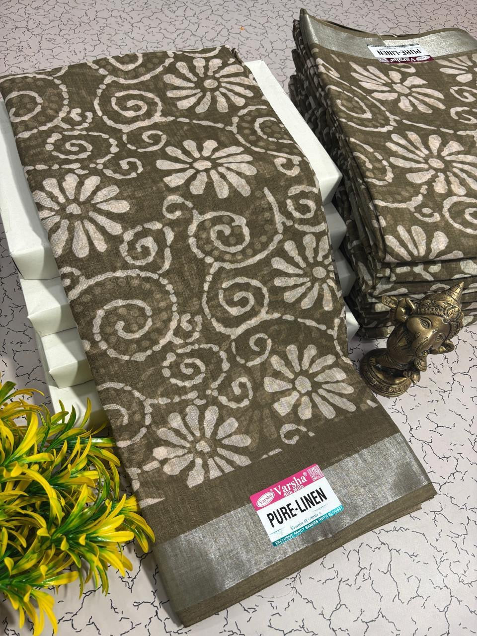 TRENDY PURE LINEN COTTON SAREES - TAUPE BROWN