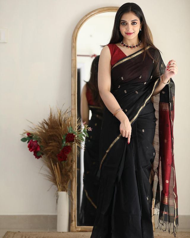 MAHESHWARI COTTON SILK SAREE - BLACK