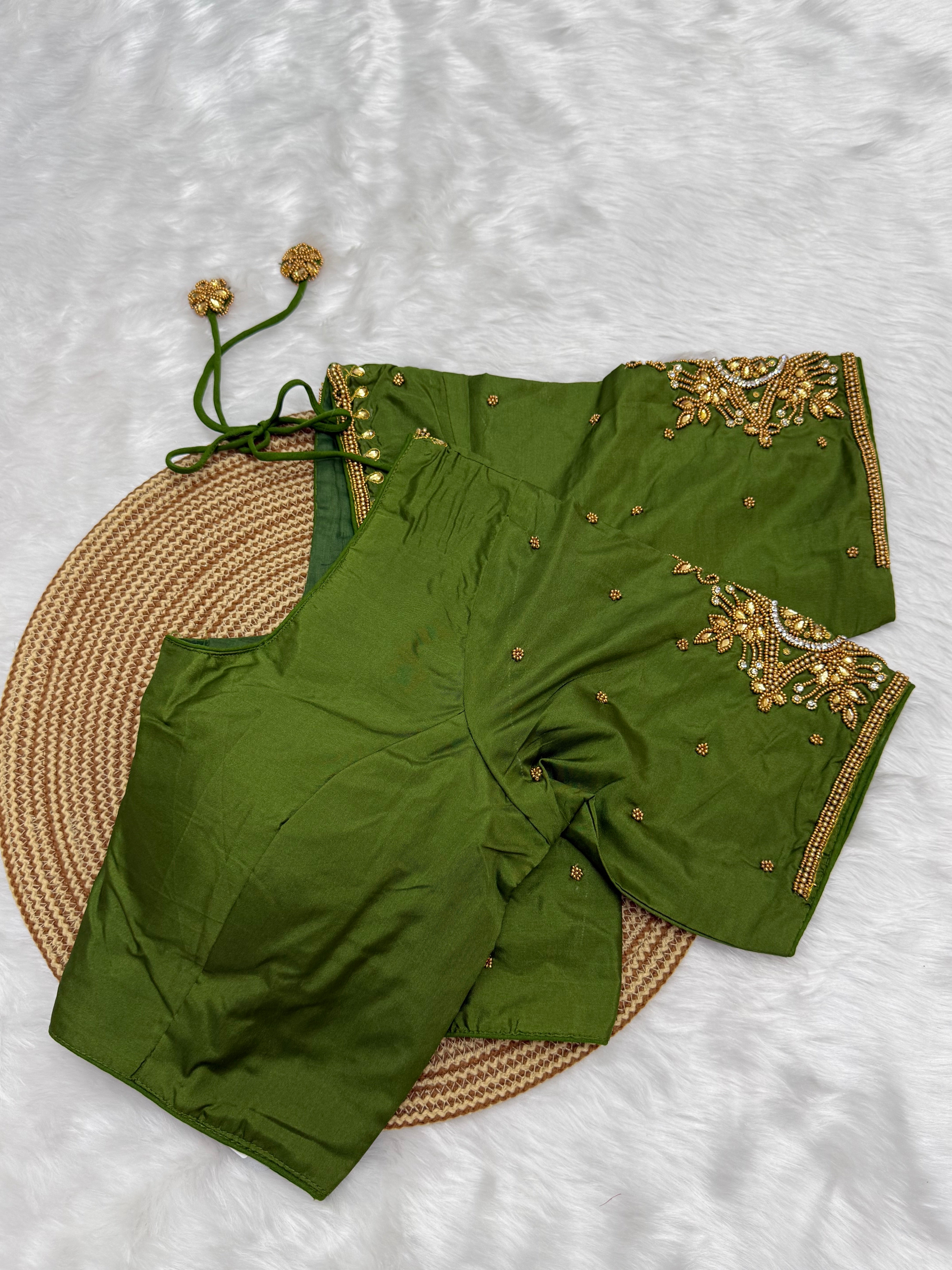BRIDAL AARI WORK READY TO WEAR SAREE BLOUSE - GREEN