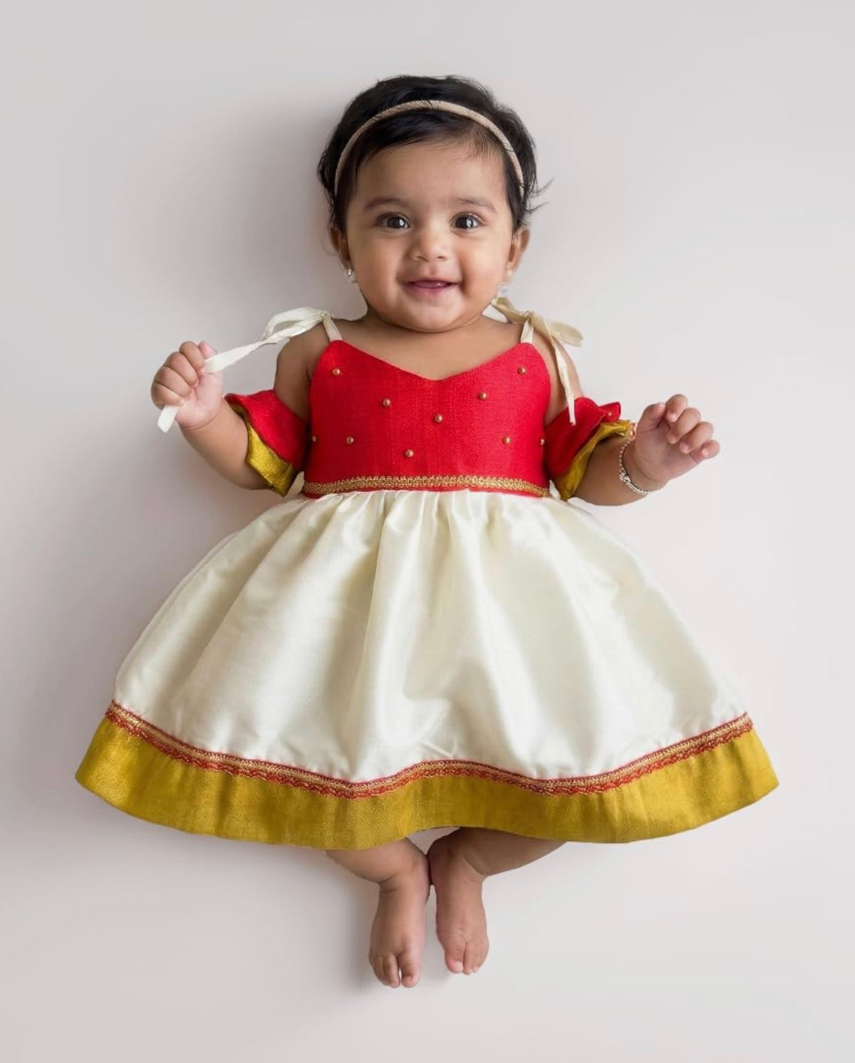 BABY GIRL STYLISH BANARASI SILK FROCK WITH MATCHING BOW - RED