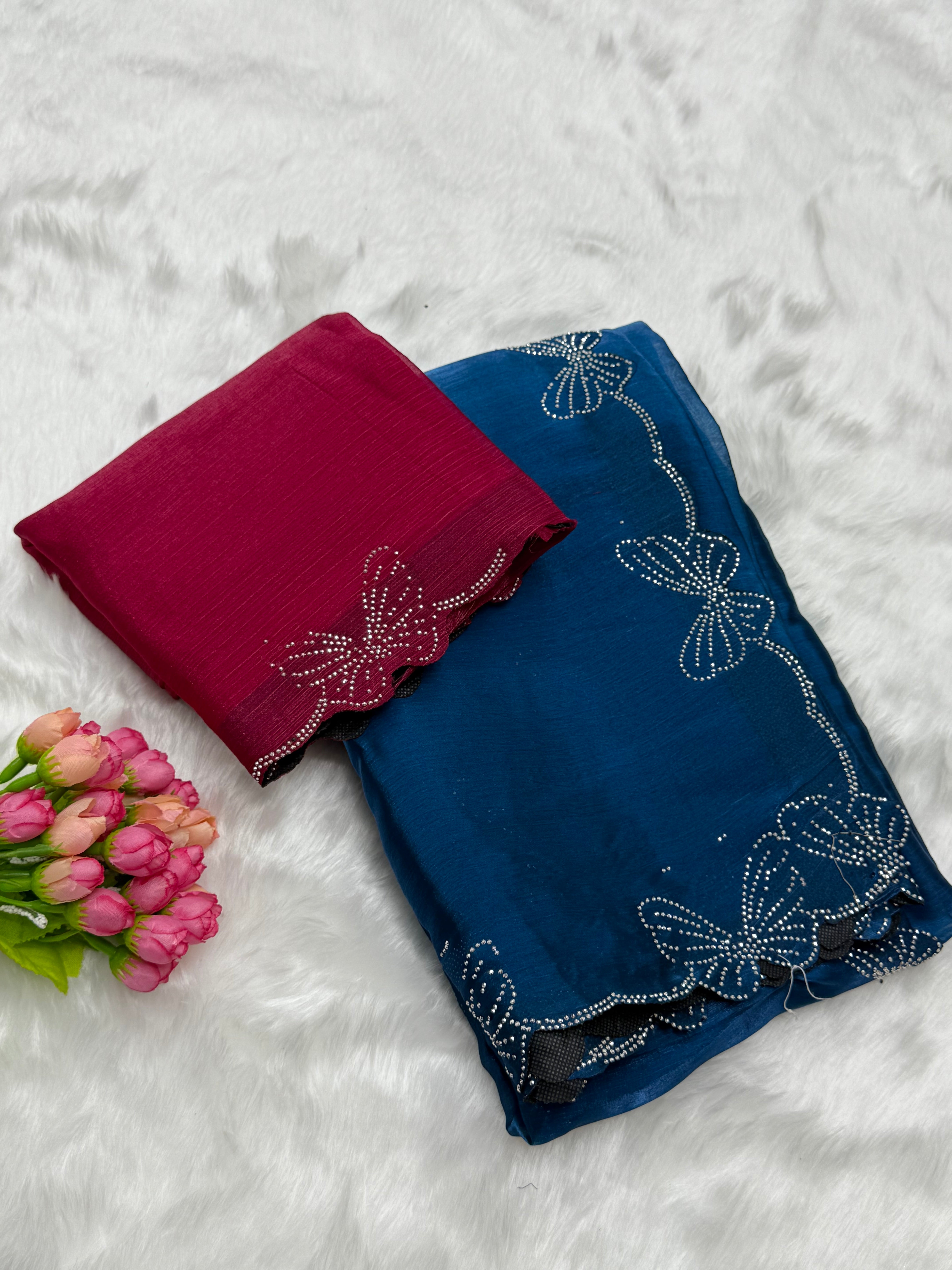 SPACE SILK BUTTERFLY DIAMOND WORK DESIGNER SAREE - BLUE