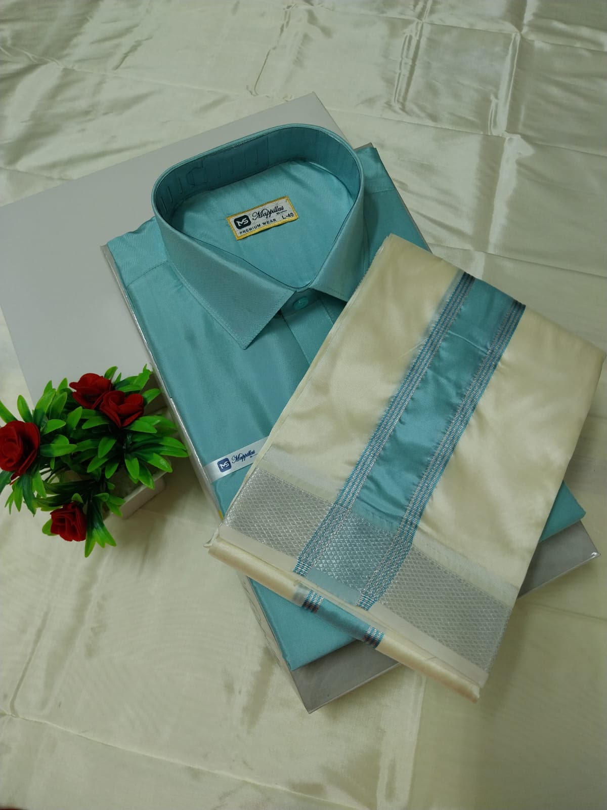 MEN'S PREMIUM SILK SHIRT & CREAM VELCRO DHOTI SET - SEA GREEN