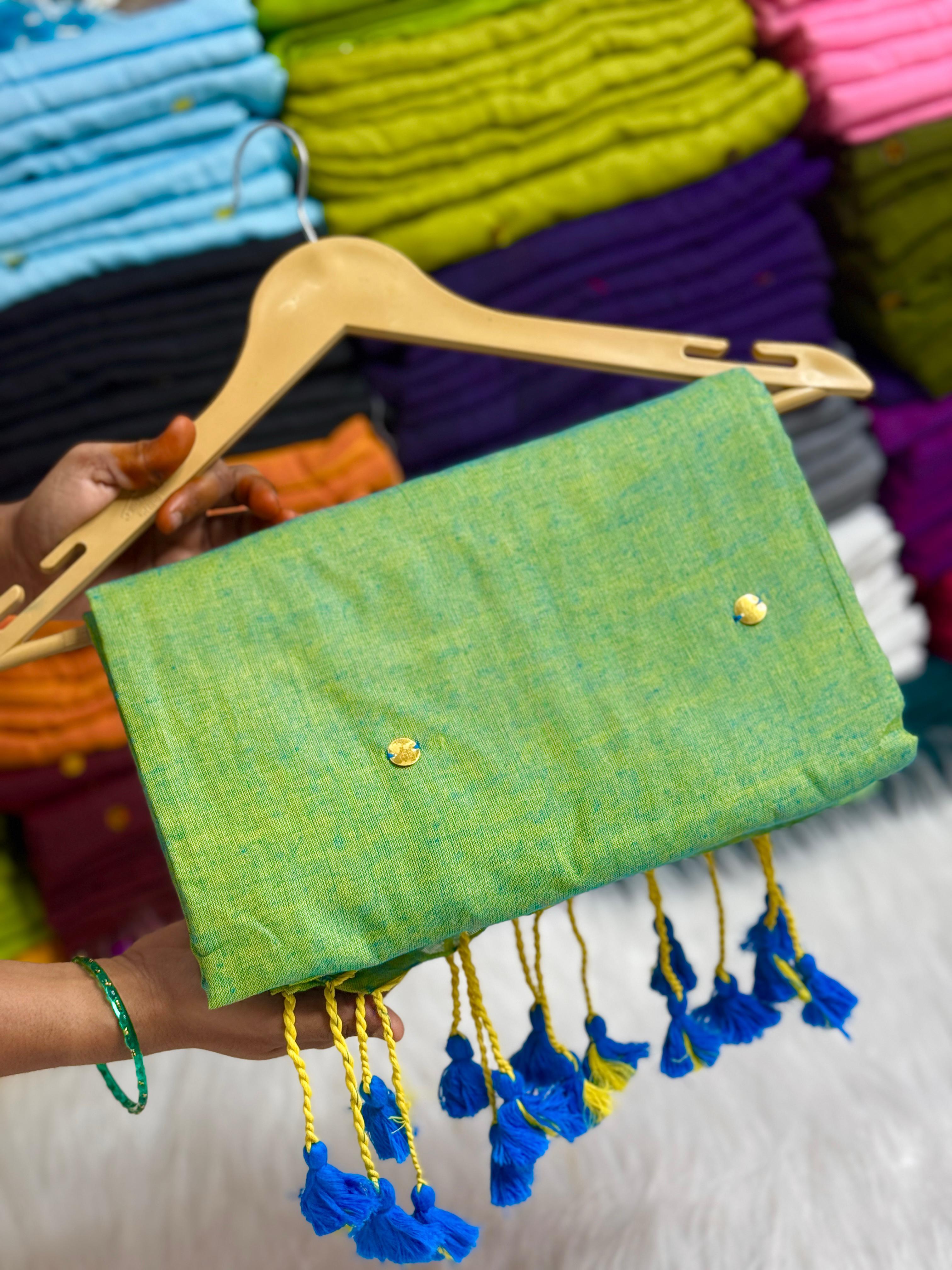 PURE KHADI MIRROR WORK COTTON SAREES - GREEN