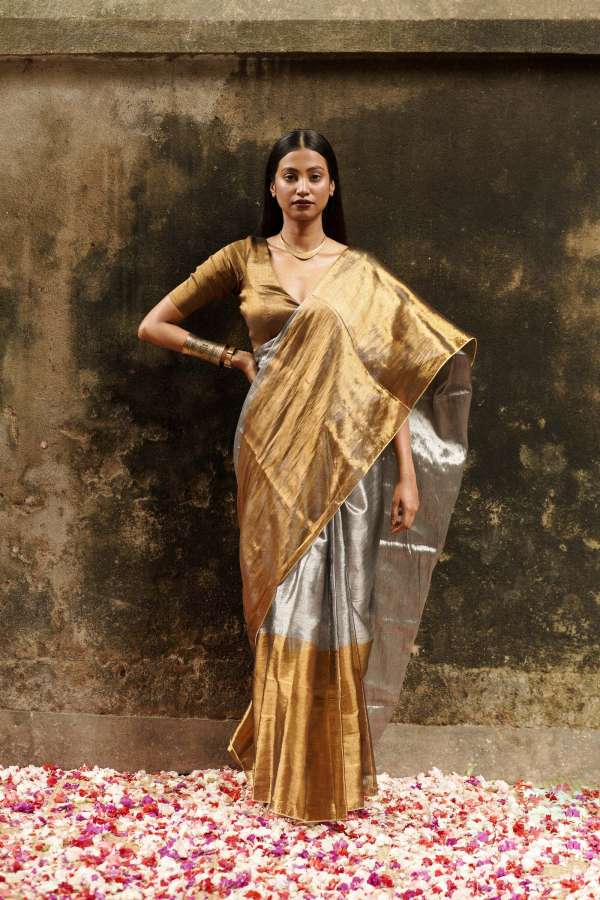 STUNNING GOLDEN TISSUE SAREE - SILVER