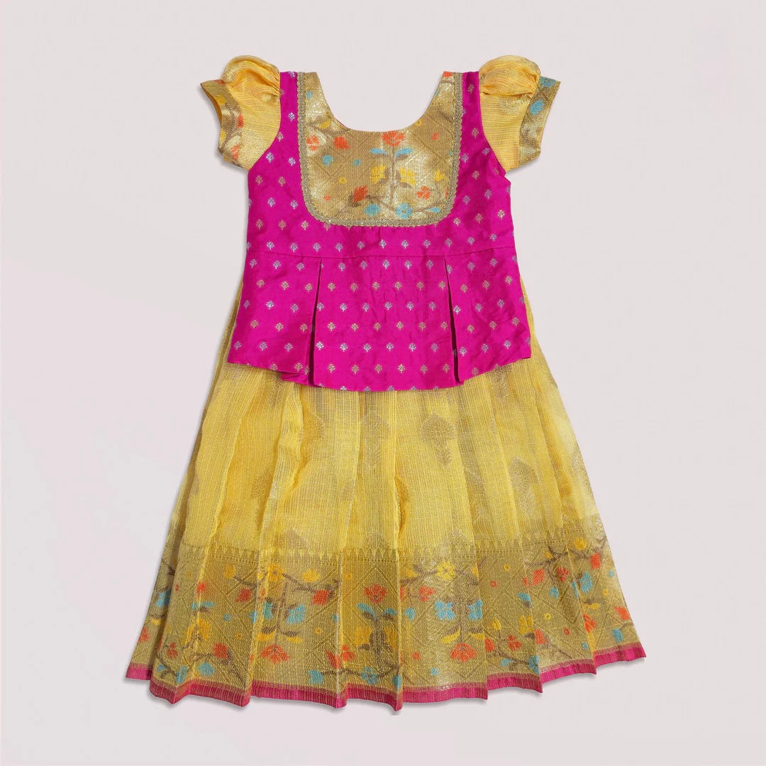 DESIGNER YELLOW PINK PATTU PAVADAI