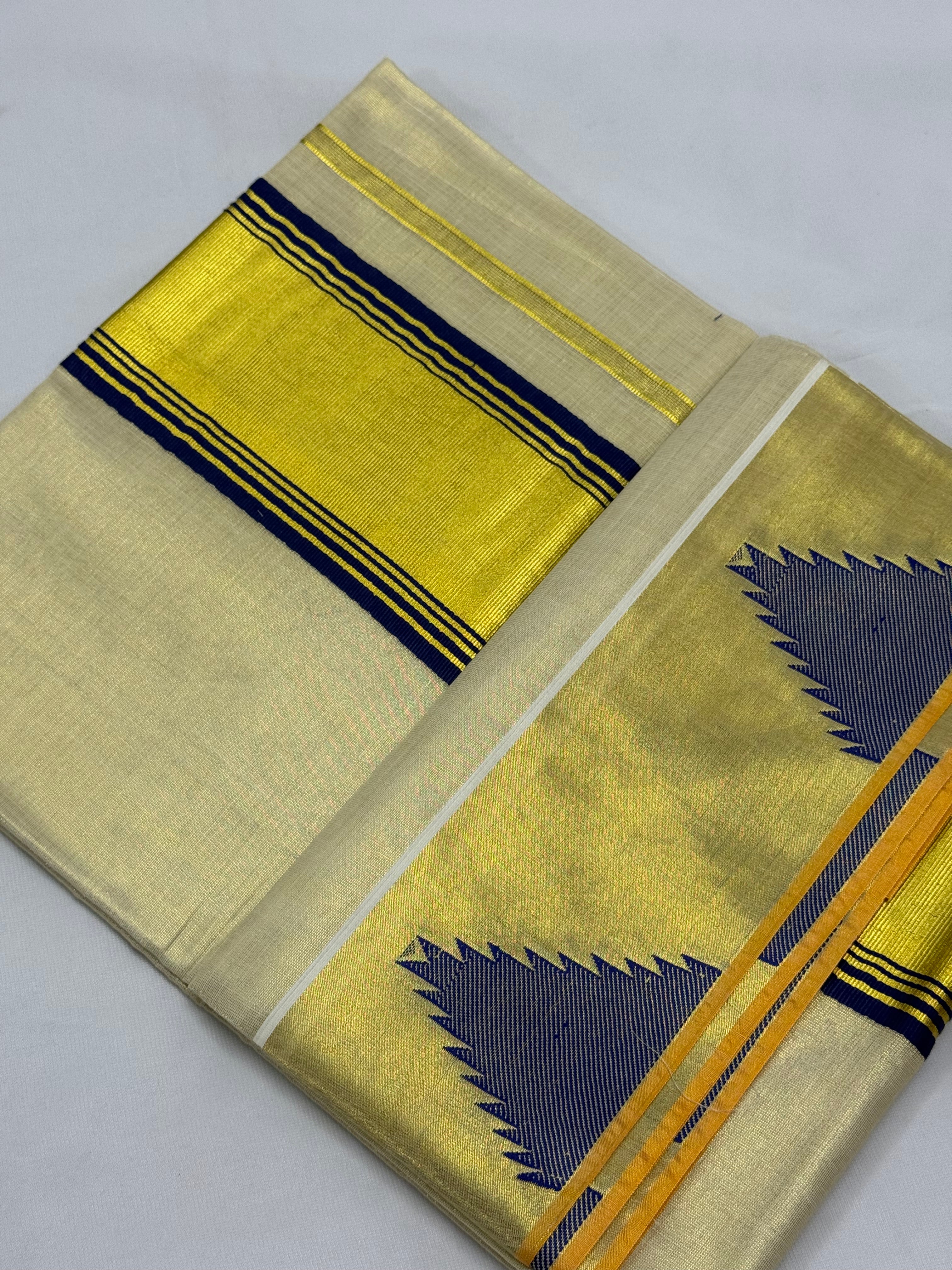 TRADITIONAL KERALA KASAVU TISSUE SAREE - (CREAM,GOLD,BLUE)