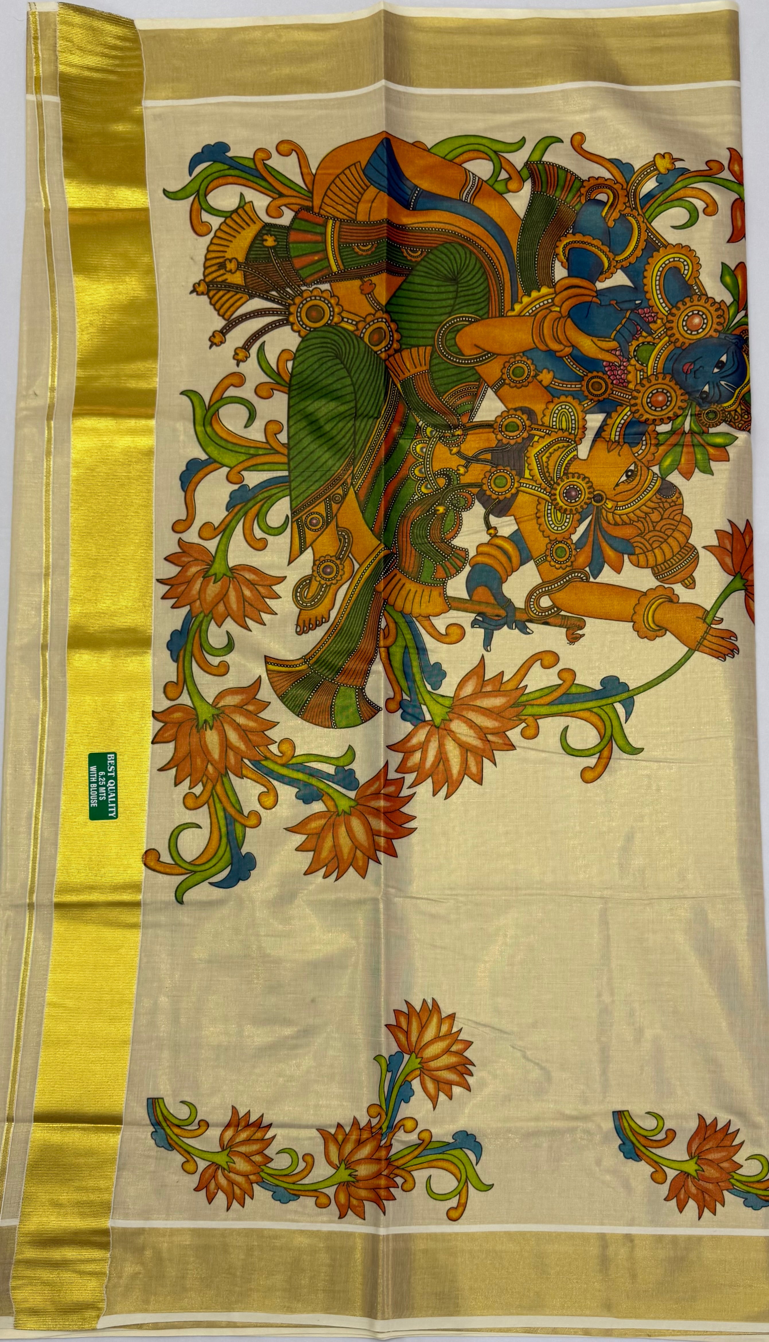 MURAL PAINTED/PRINTED KASAVU TISSUE SAREE (GOLD)