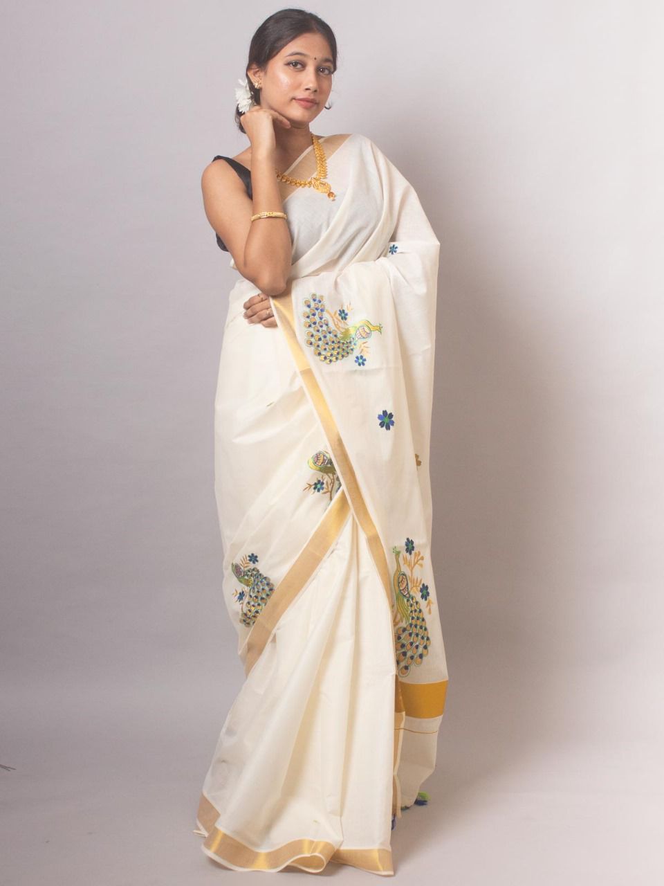 KERALA KASAVU EMBROIDERED COTTON SAREE - GOLD
