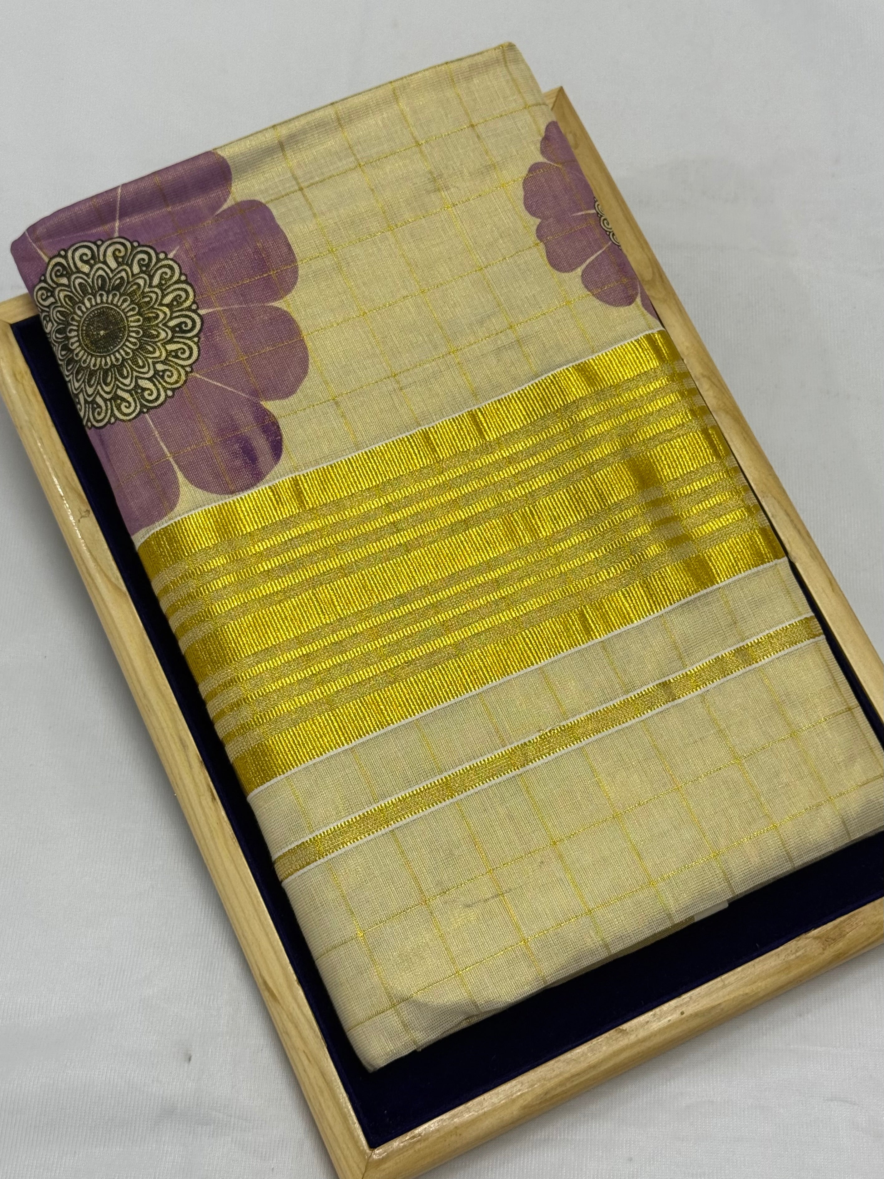 FLORAL PRINTED KASAVU TISSUE SAREE - (GOLD,CREAM)