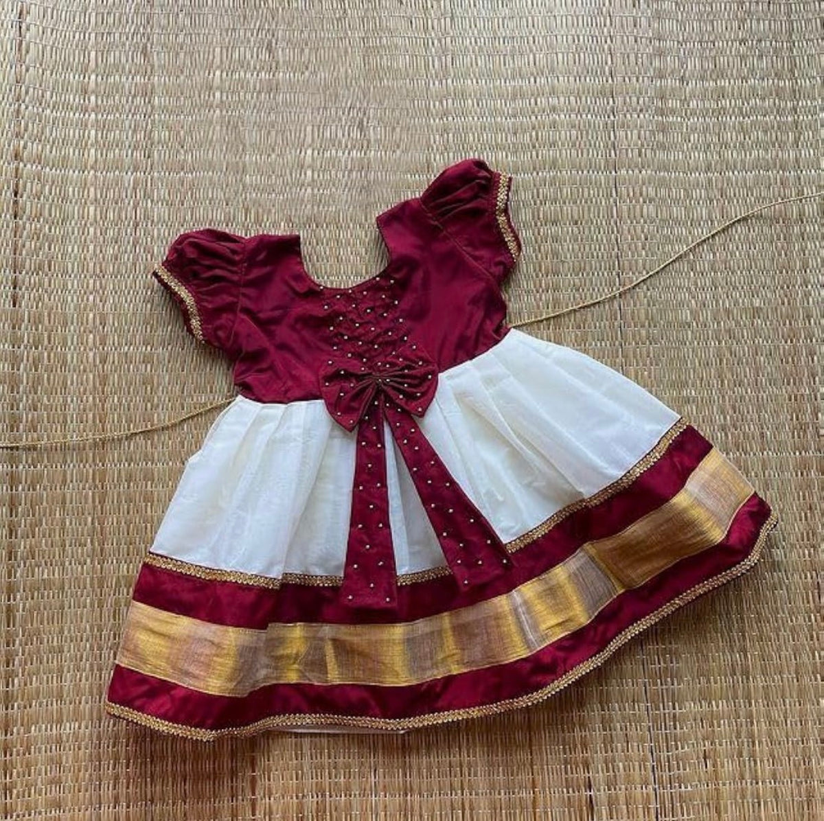 BABY GIRLS A-LINE MIDI PATTU PAVADAI DRESS IN MAROON & OFFWHITE