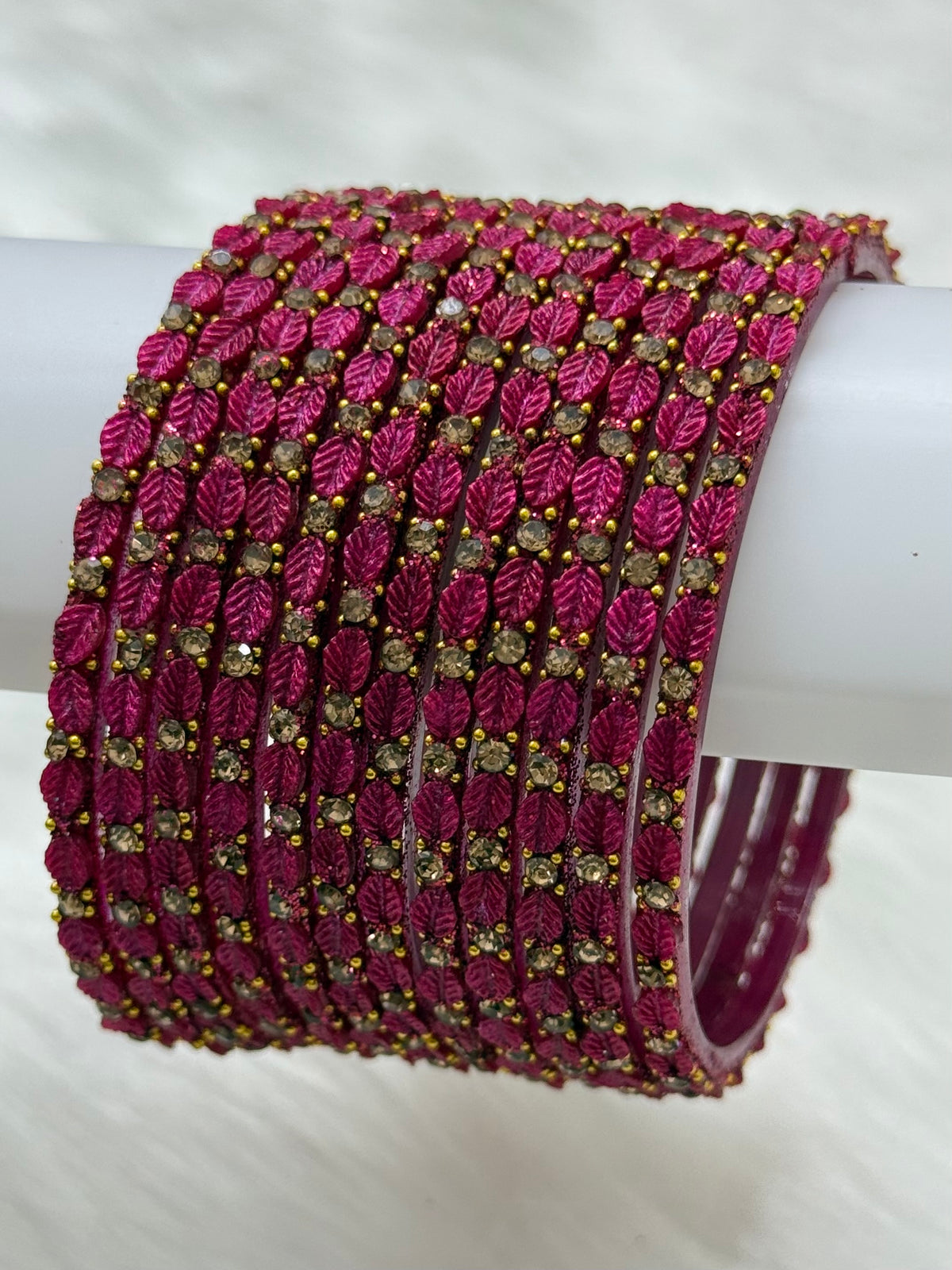 PREMIUM LEAF DESIGN STONE STUDDED GLASS BANGLES PACK OF 12