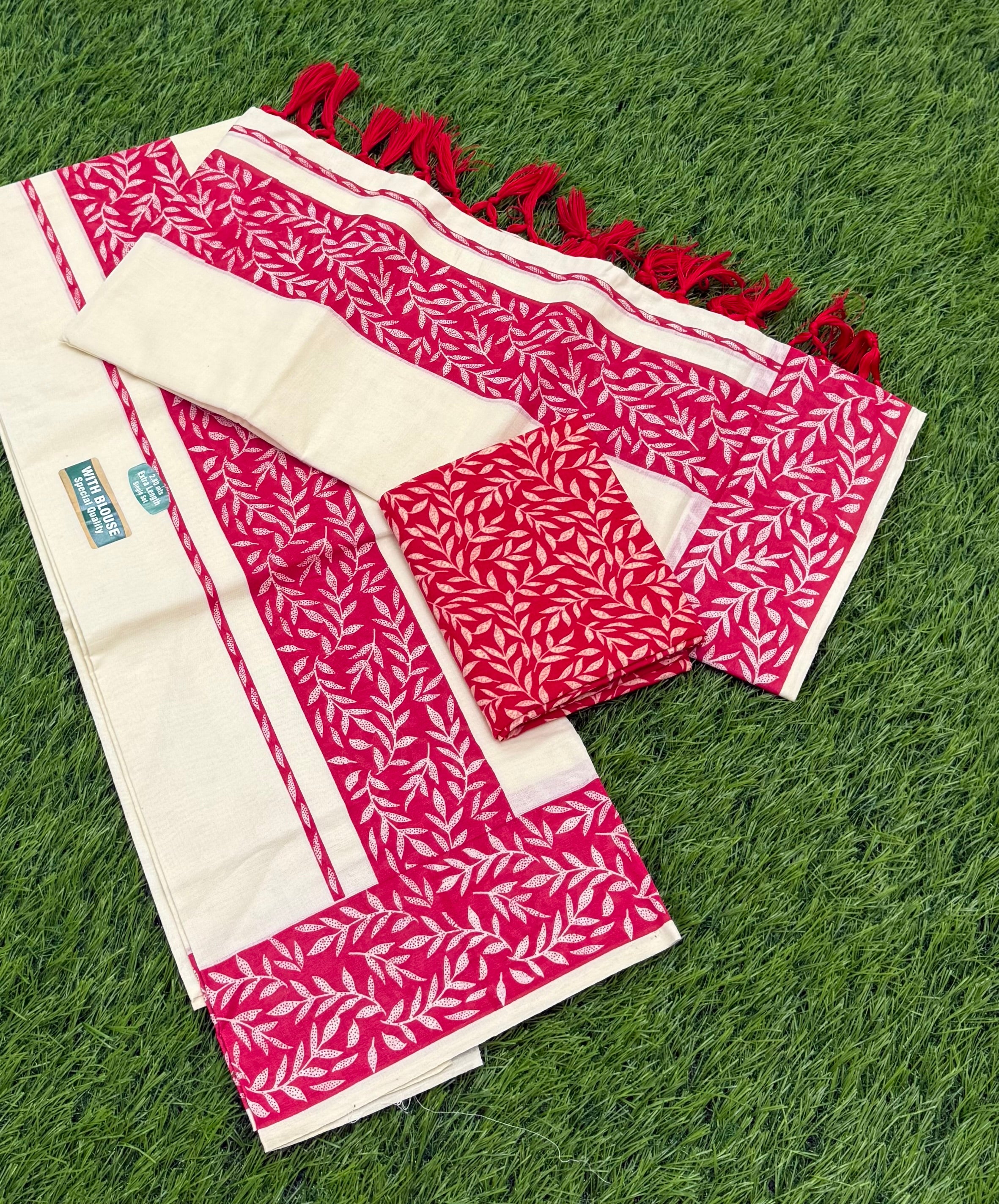 FANCY PRINTED SINGLE SET MUNDU (MUNDUM NERIYATHUM) WITH BLOUSE PIECE - 2 X 2.80 MTRS