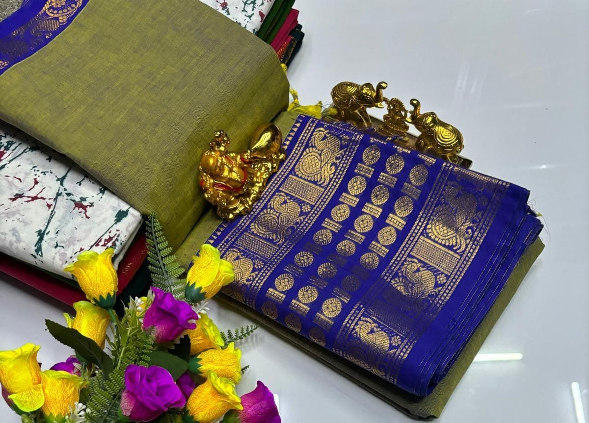 PURE KANCHI COTTON SAREES - MOSS GREEN