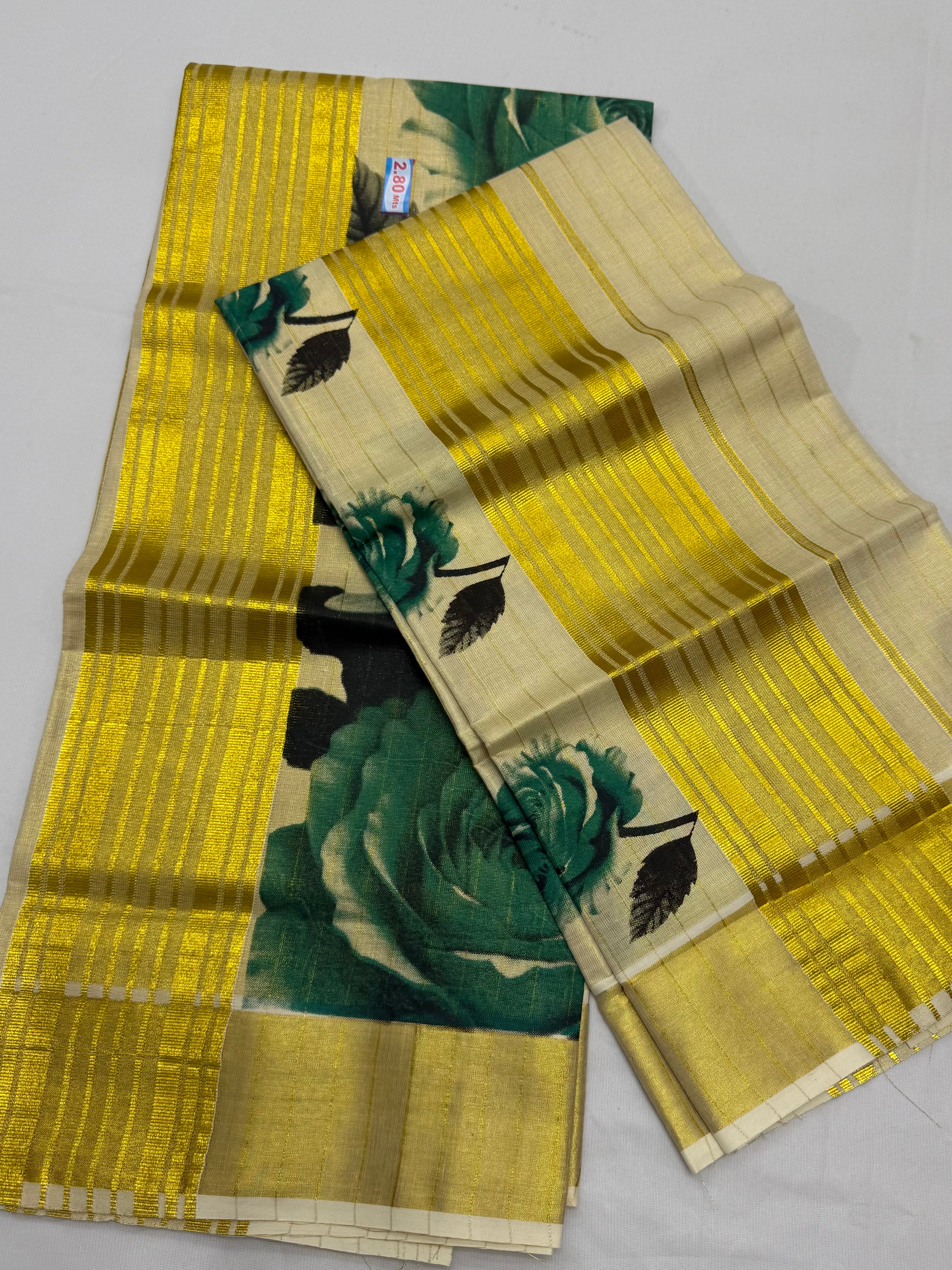 FLORAL TISSUE SINGLE SET MUNDU (MUNDUM NERIYATHUM) - 2 X 2.80 MTRS - (CREAM,GOLD)