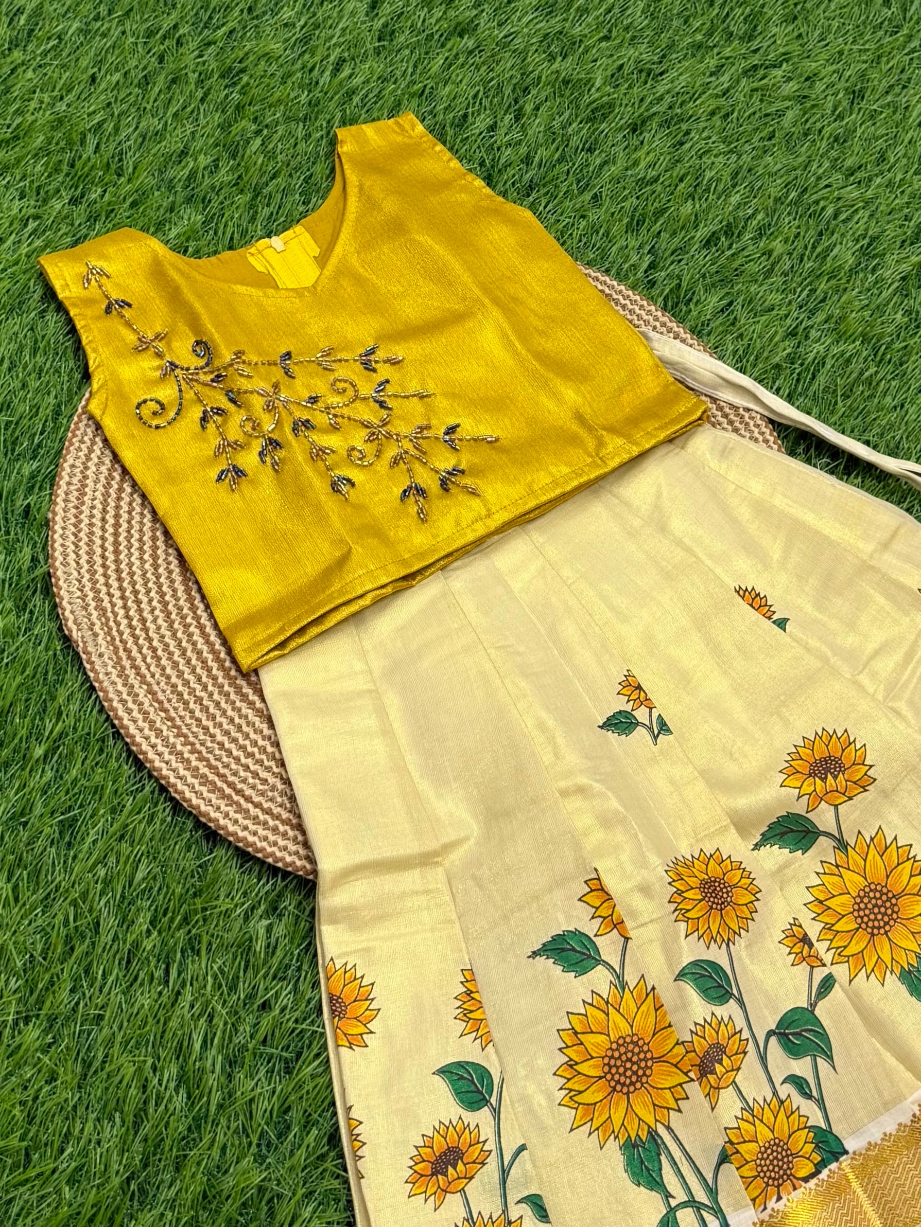 KIDS GIRL'S PATTU PAVADAI - CREAM & YELLOW